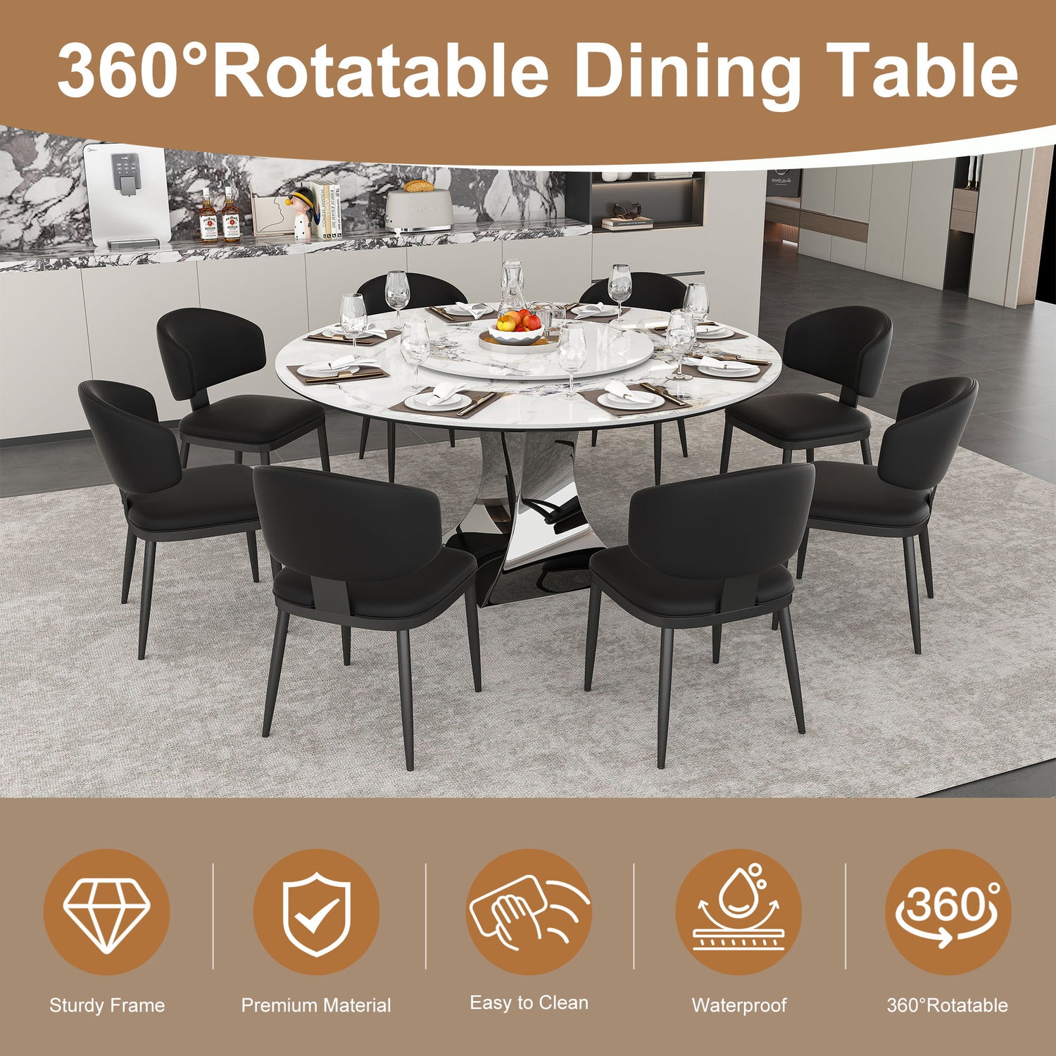Round Dining Table With 6 Chairs Set - Silver
