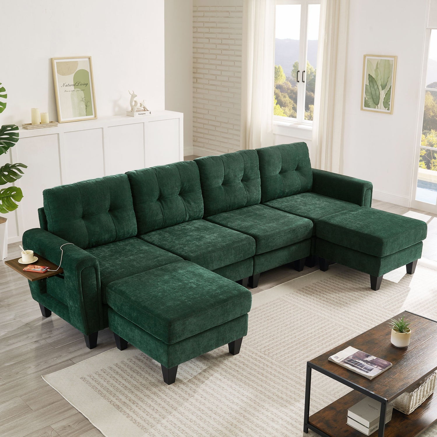 Modular Sectional Sofa With Movable Ottomans, USB Ports &amp; Side Tables