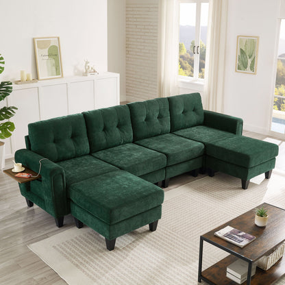 Modular Sectional Sofa With Movable Ottomans, USB Ports &amp; Side Tables