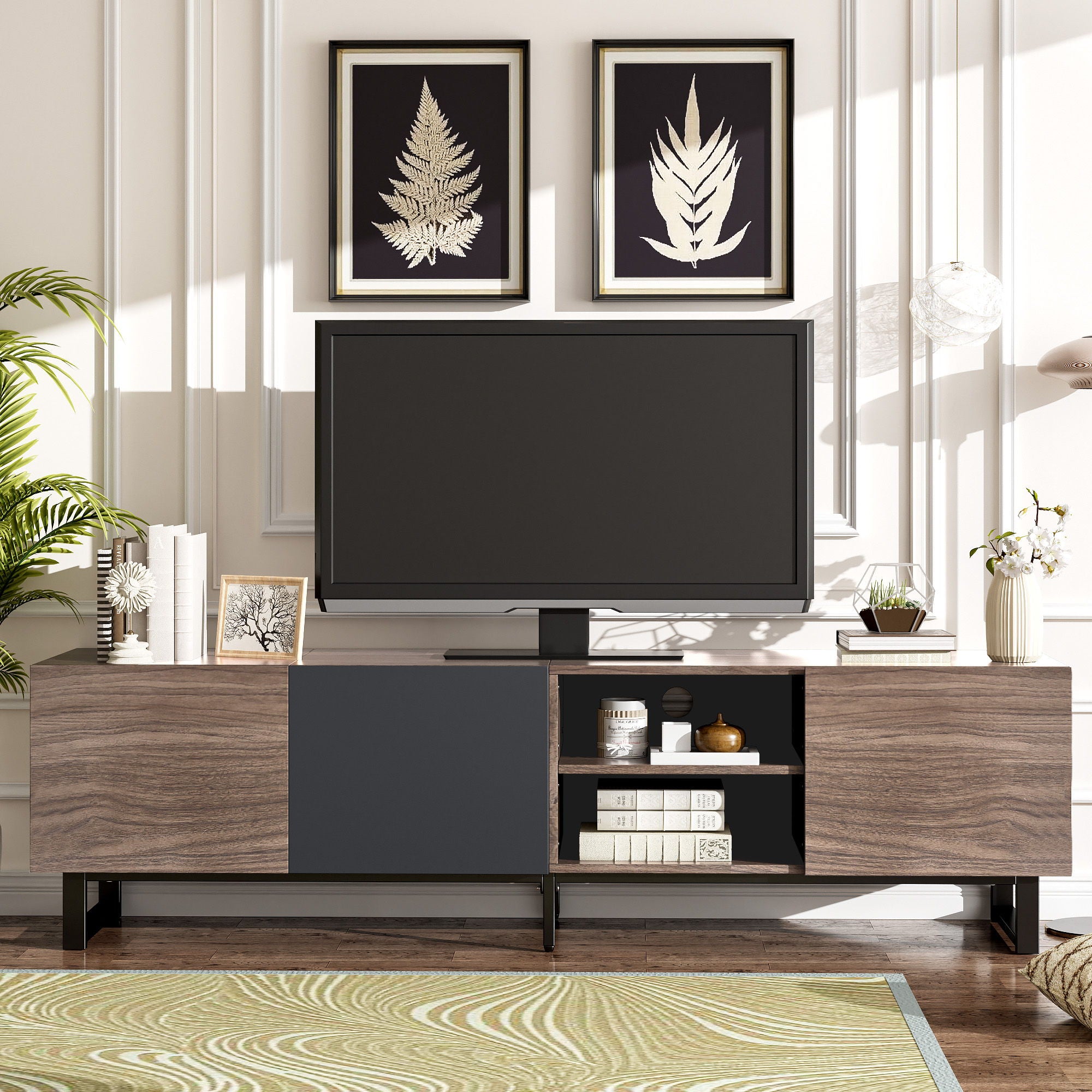 Modern TV With 3 Cabinets &amp; Open Shelves, Color-Matching Media Console Table For Tvs Up To 80&