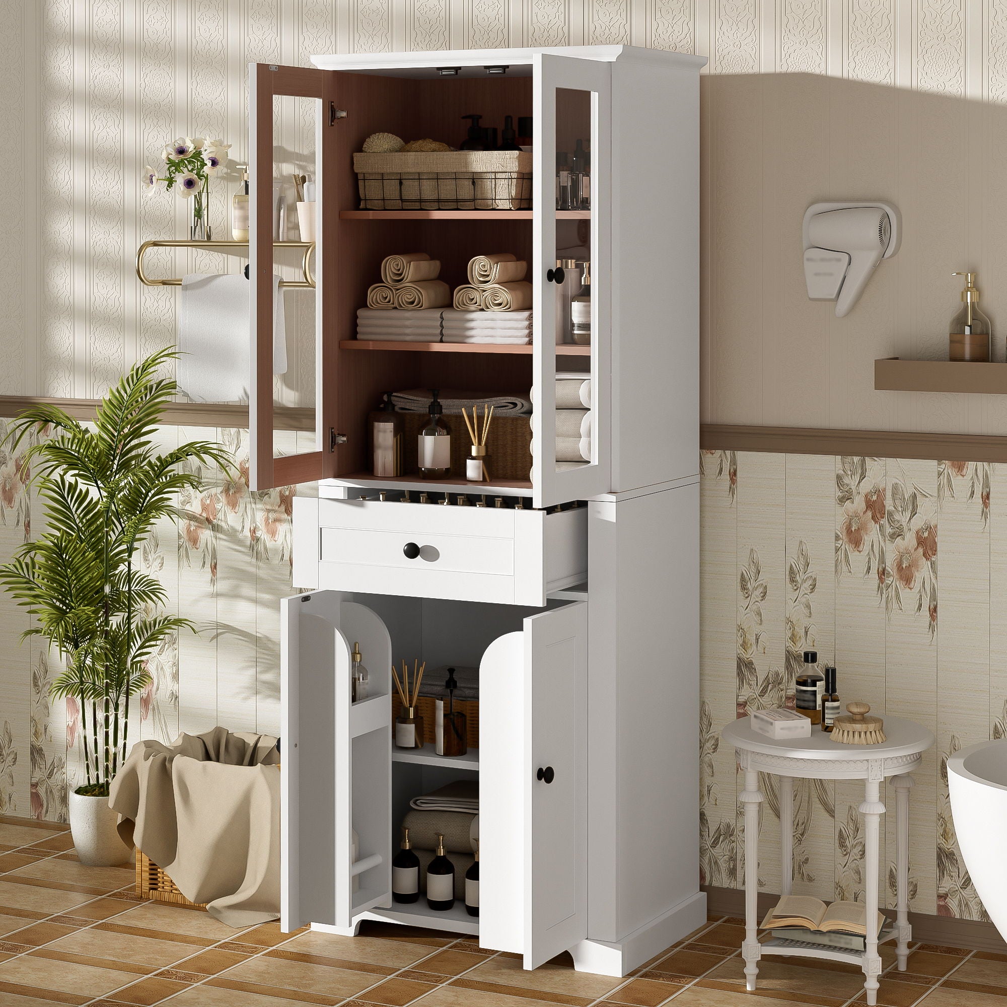 Bathroom Storage Cabinet, Adjustable Shelves &amp; Drawer, Freestanding Linen Tower