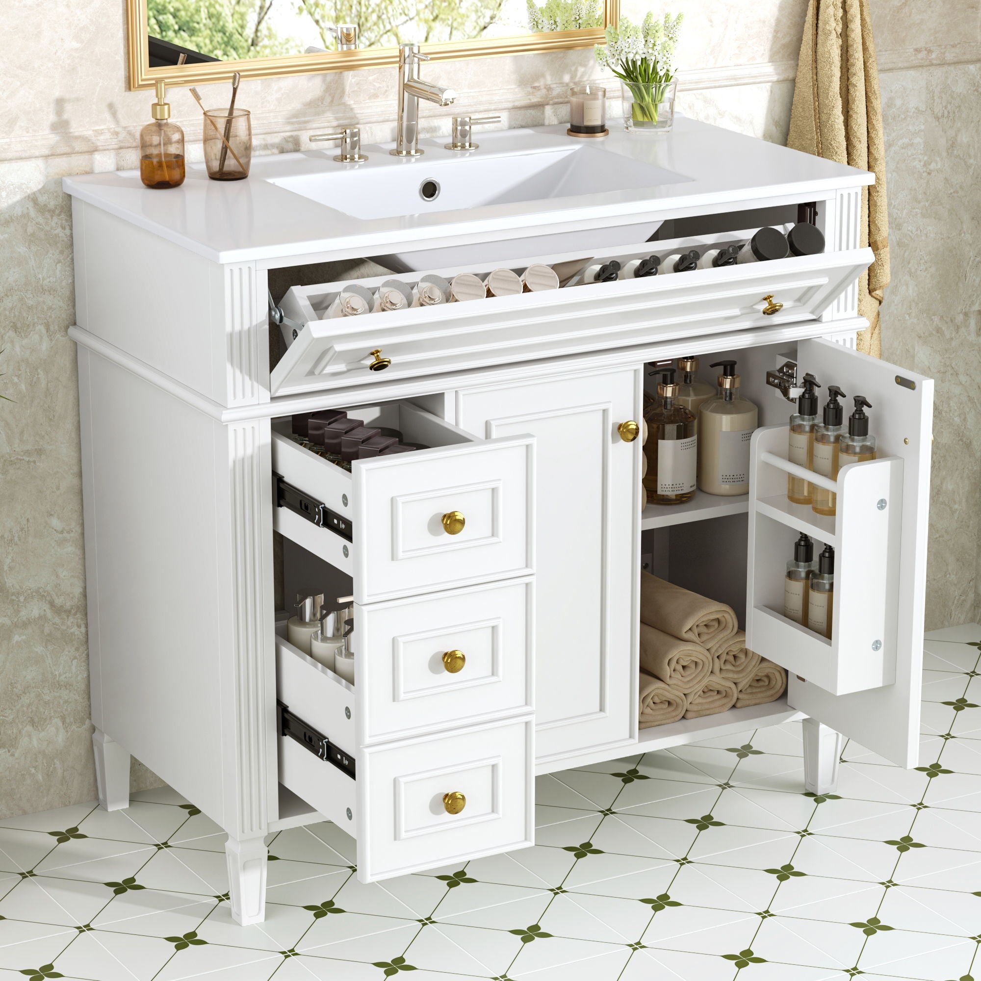 Bathroom Vanity With Sink, 3 Drawers &amp; 2 Doors