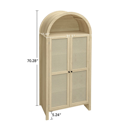 Tall Arched Kitchen Pantry, Arched Storage Display Cabinet With 2 Drawers &amp; Adjustable Shelves, Rattan Door Versatile Storage Cabinet For Kitchen, Dining Room - Natural