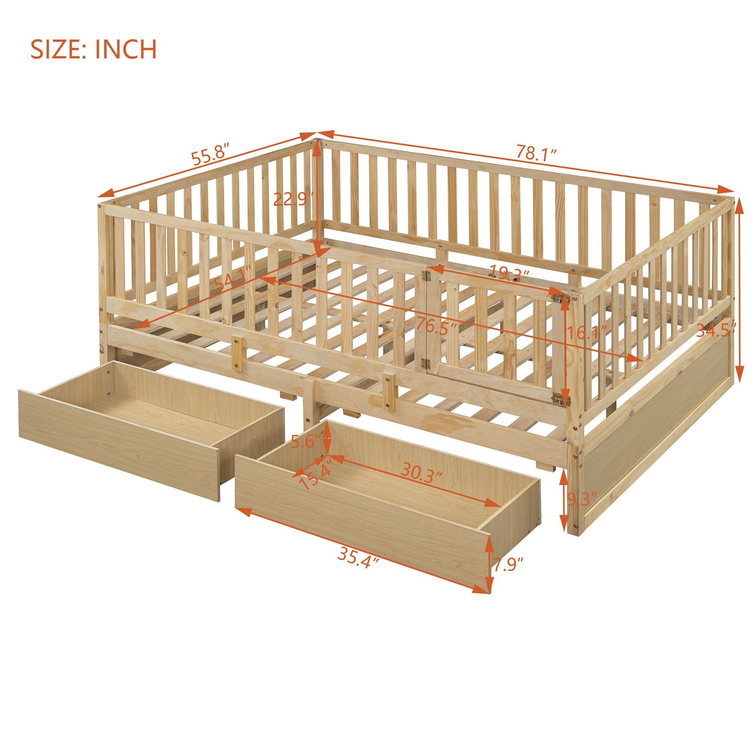 Daybed With Fence Guardrails And 2 Drawers, Split Into Independent Floor Bed &amp; Daybed