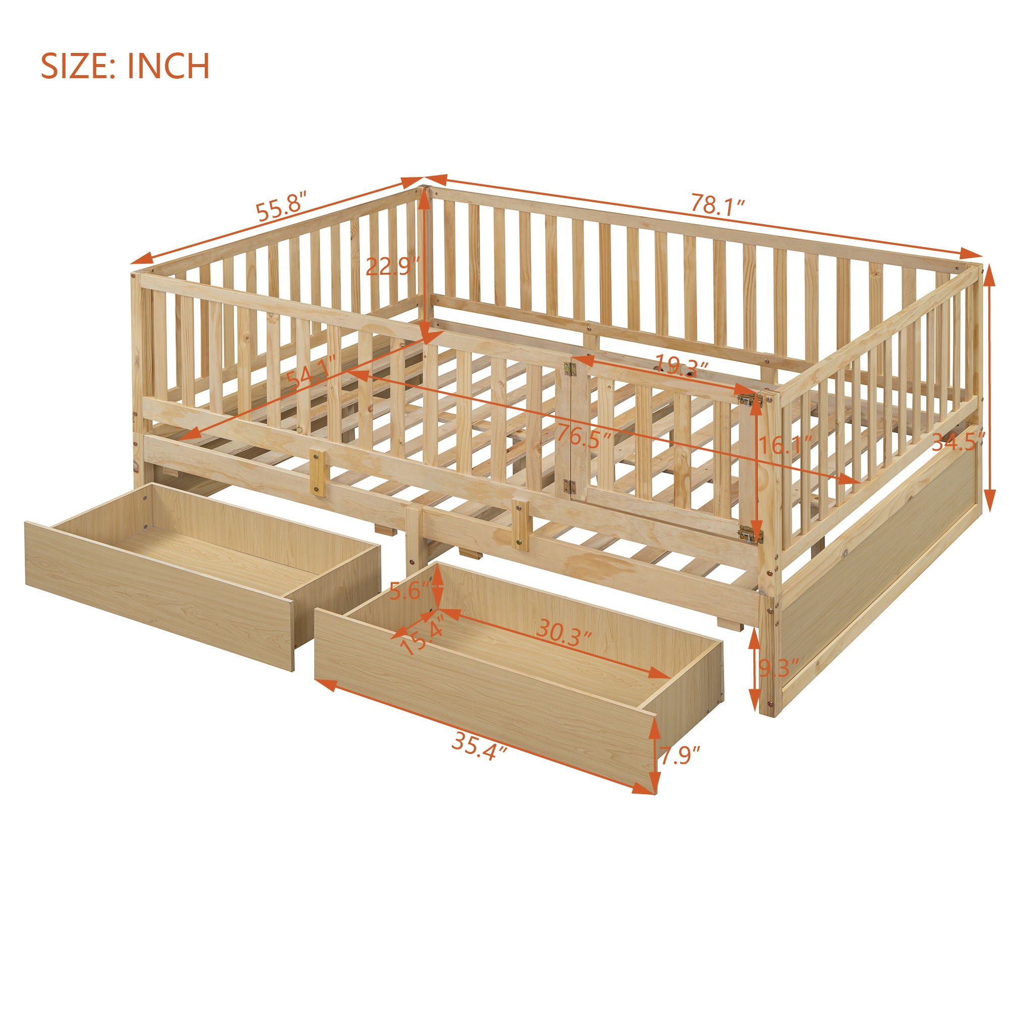 Daybed With Fence Guardrails And 2 Drawers, Split Into Independent Floor Bed &amp; Daybed