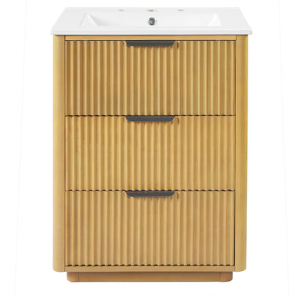 Bathroom Vanity With Sink, Open Shelf &amp; Closed Storage - Natural Wood
