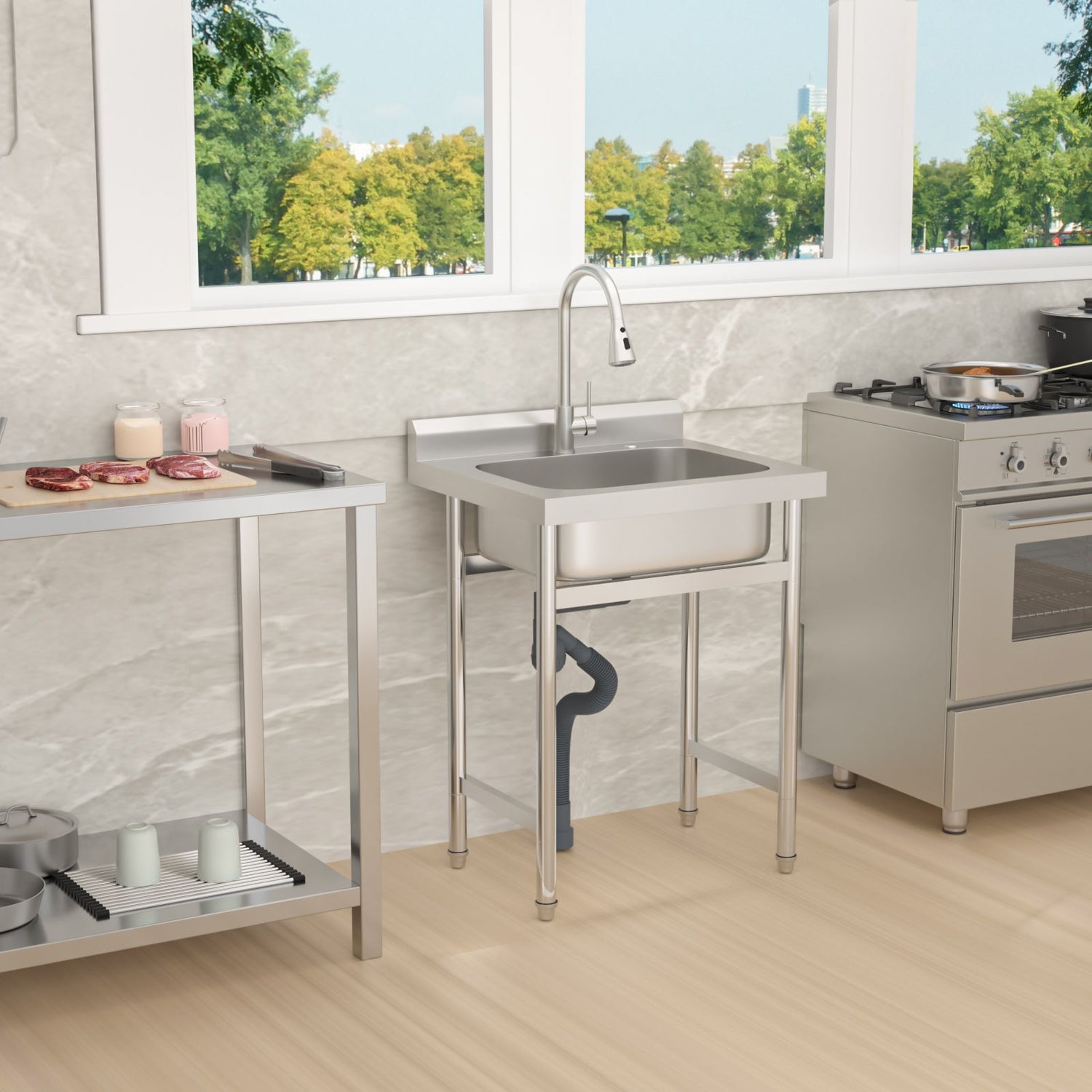 Single Bowl Utility Sink, Freestanding Commercial Kitchen Sink For Laundry Room - Brushed Nickel