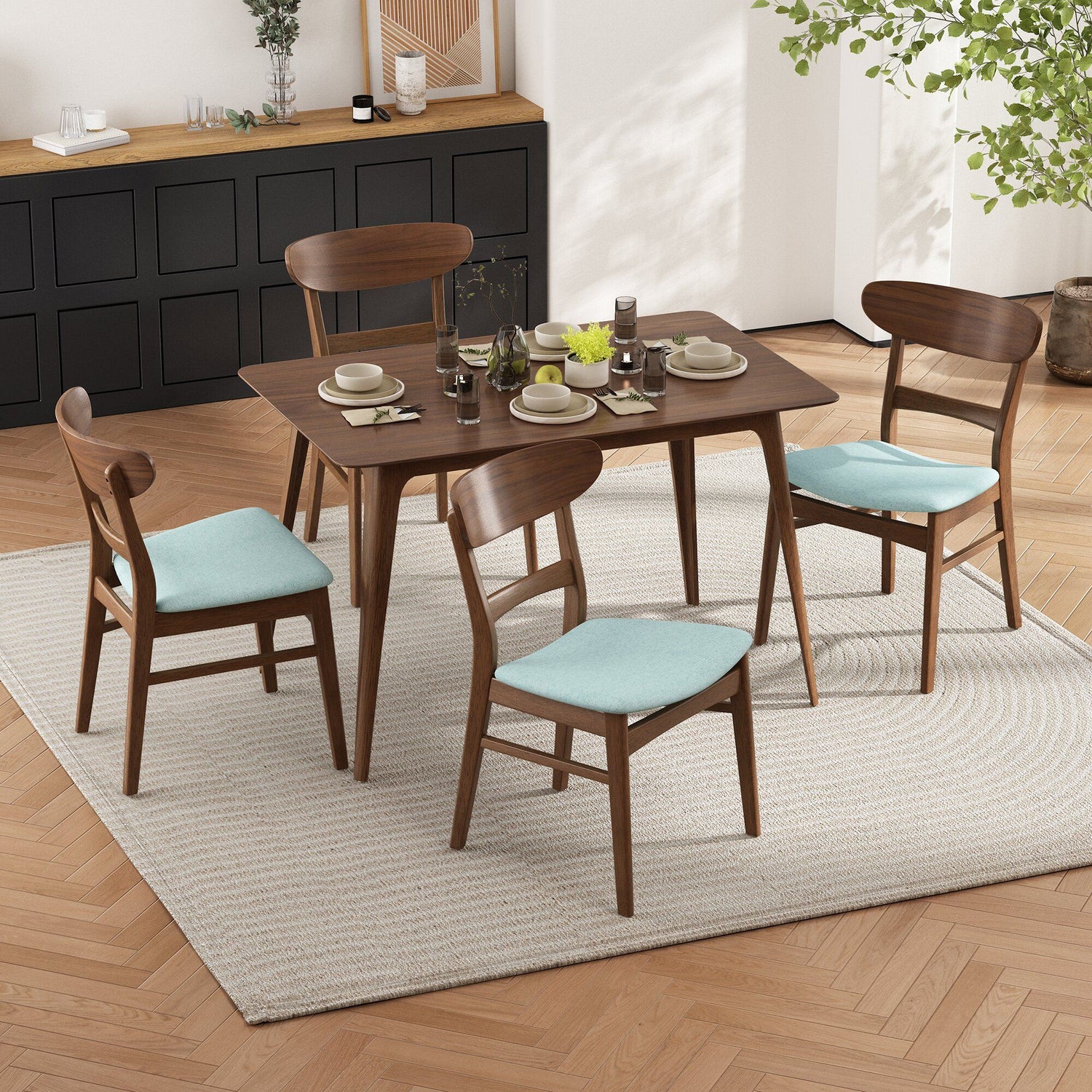 5 Piece Dining Set &amp; 1 Table And 4 Upholstered Chairs - Mint / Walnut