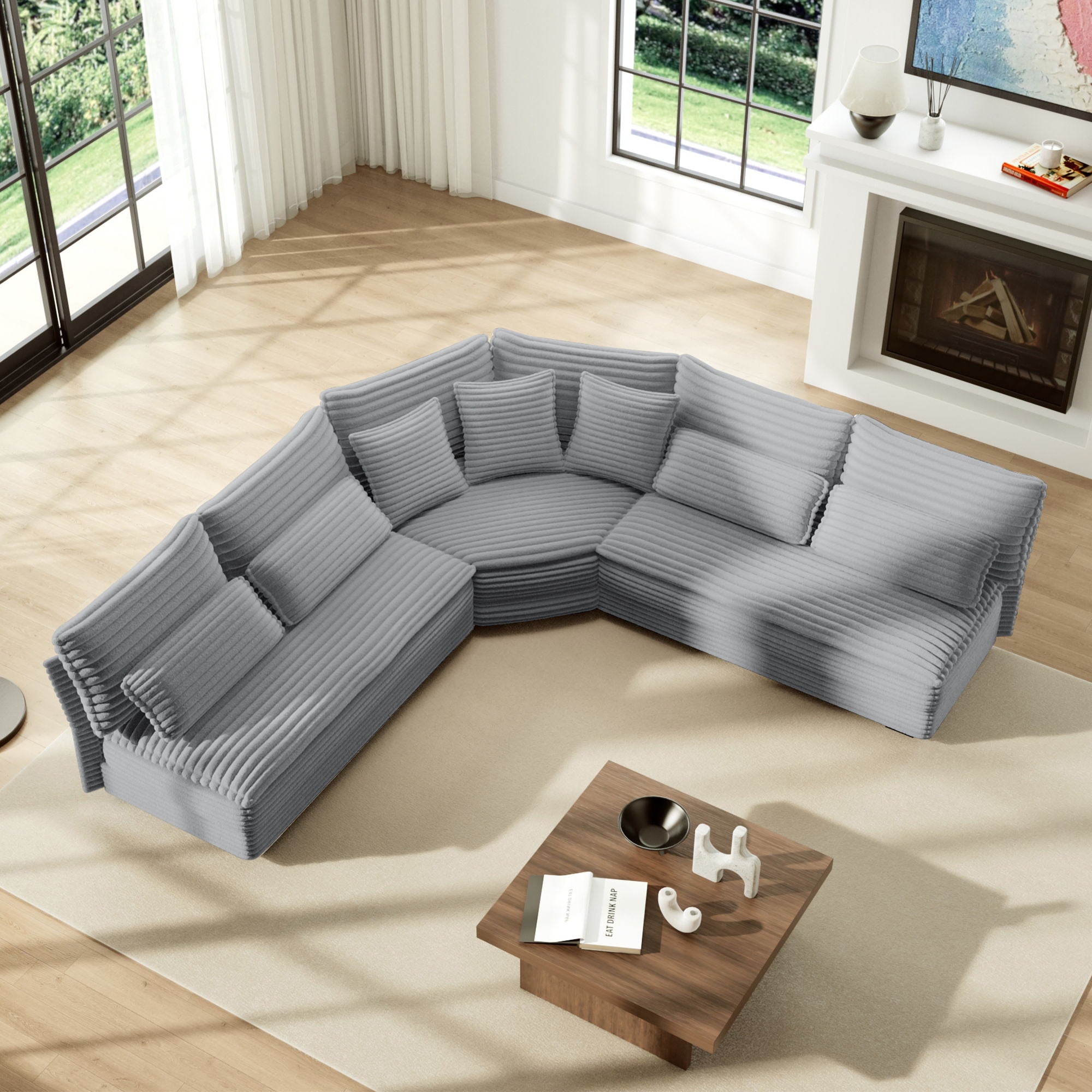 5 Seater L Shaped Sectional Sofa With Curved Corner, 7 Pillows