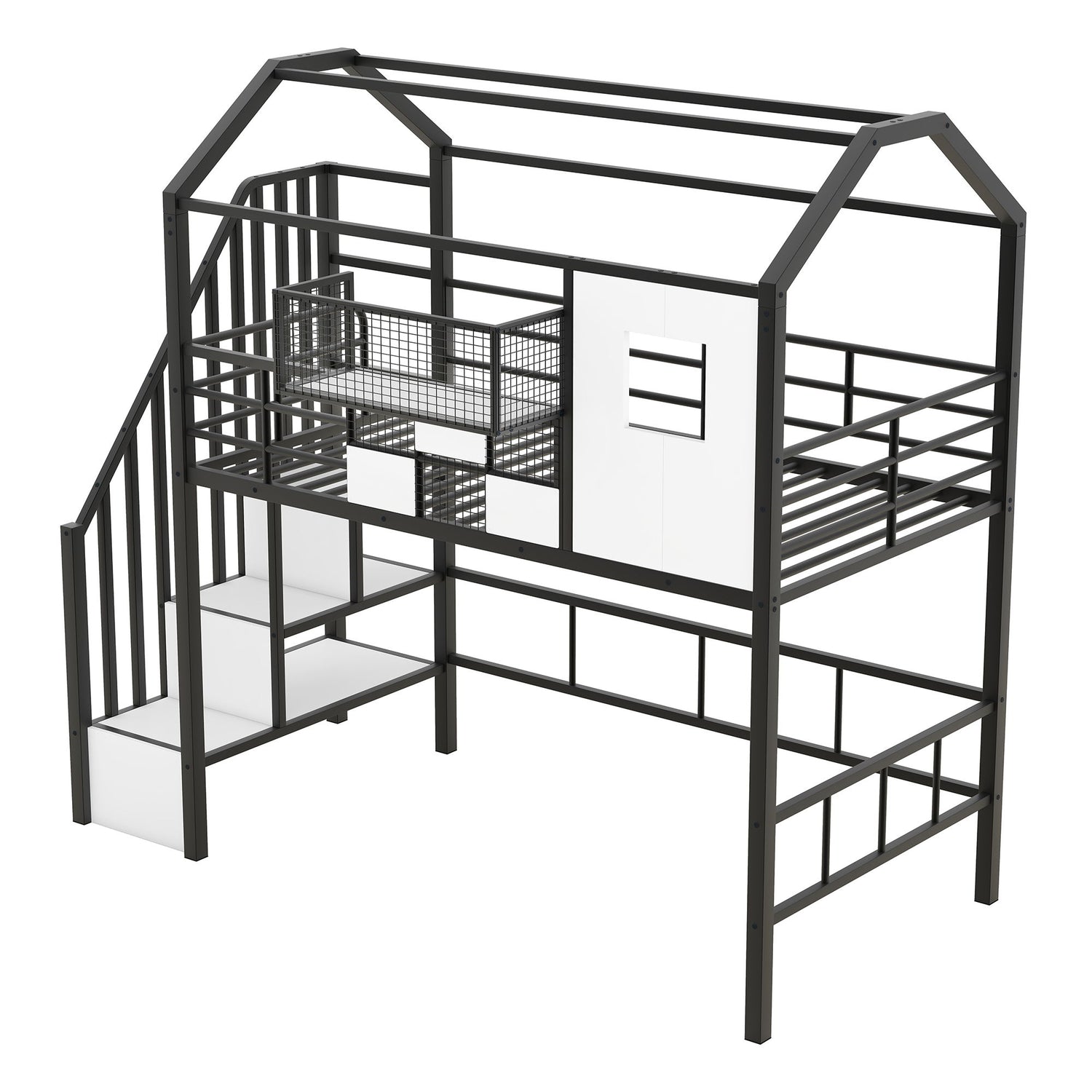 Metal Loft Bed With Roof Design And Storage Box With Guardrails And Integrated Ladder