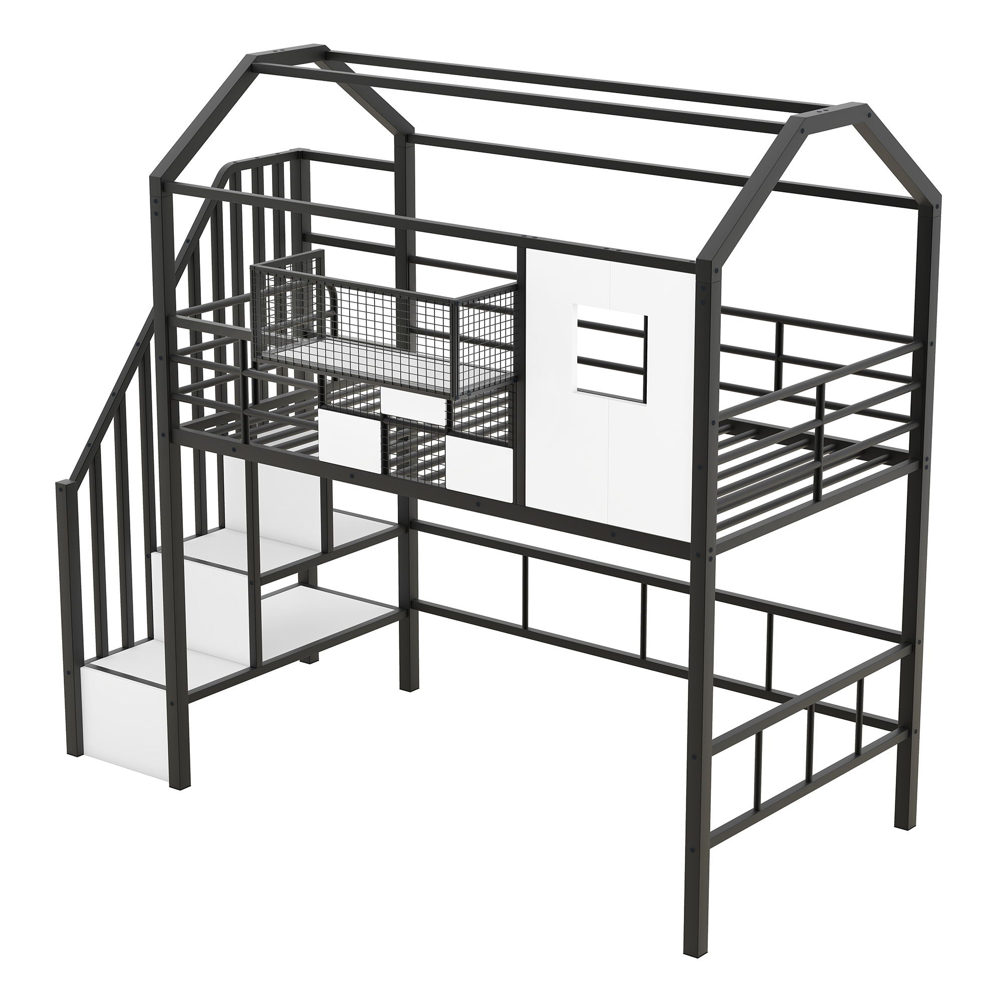 Metal Loft Bed With Roof Design And Storage Box With Guardrails And Integrated Ladder
