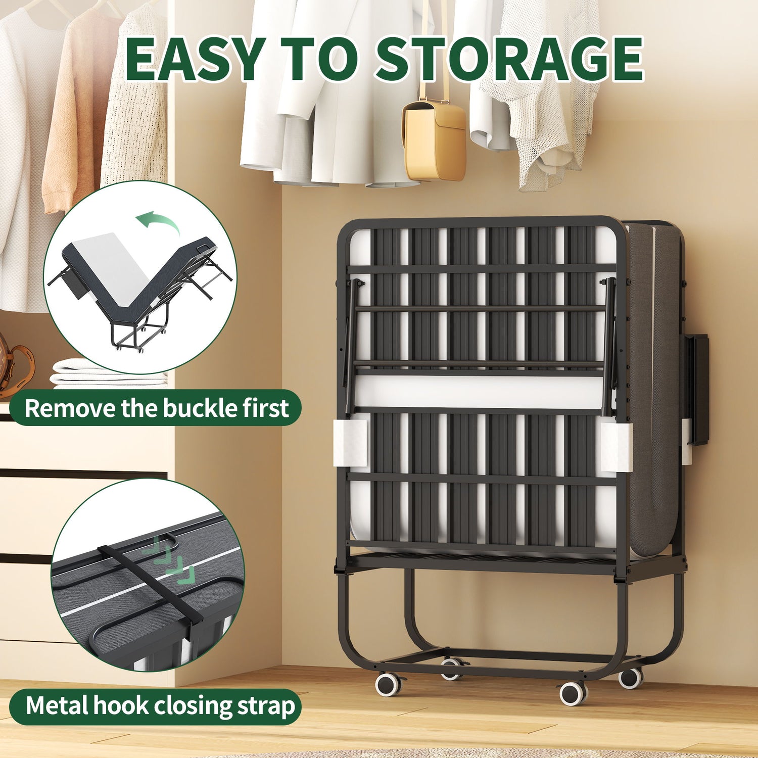 Twin Folding Bed With Memory Foam Mattress, On Wheels, Portable Bed For Adults &amp; Guests - Black