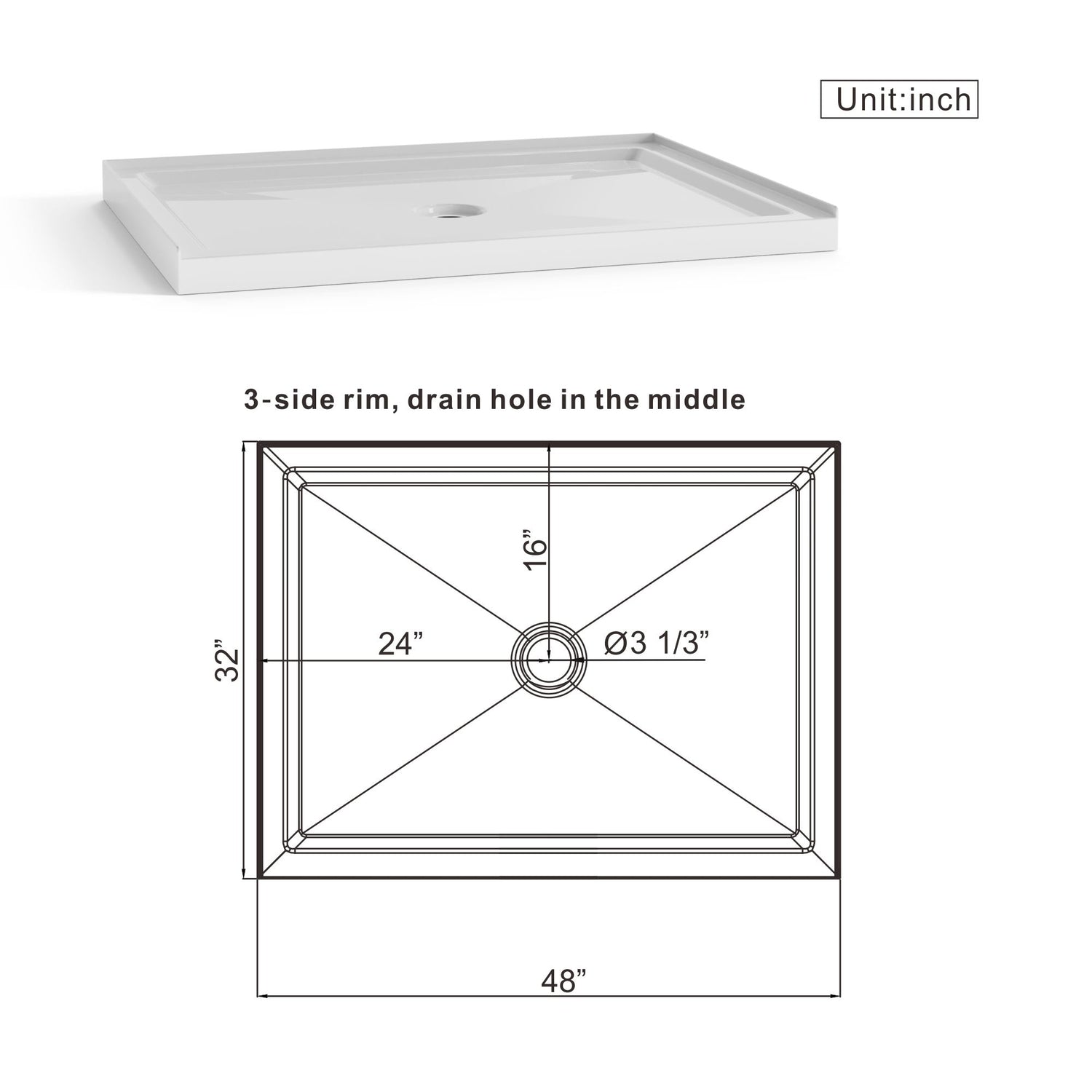 Shower Base Anti Slip Center Drain Single Threshold 32&quot; X 48&quot; - White