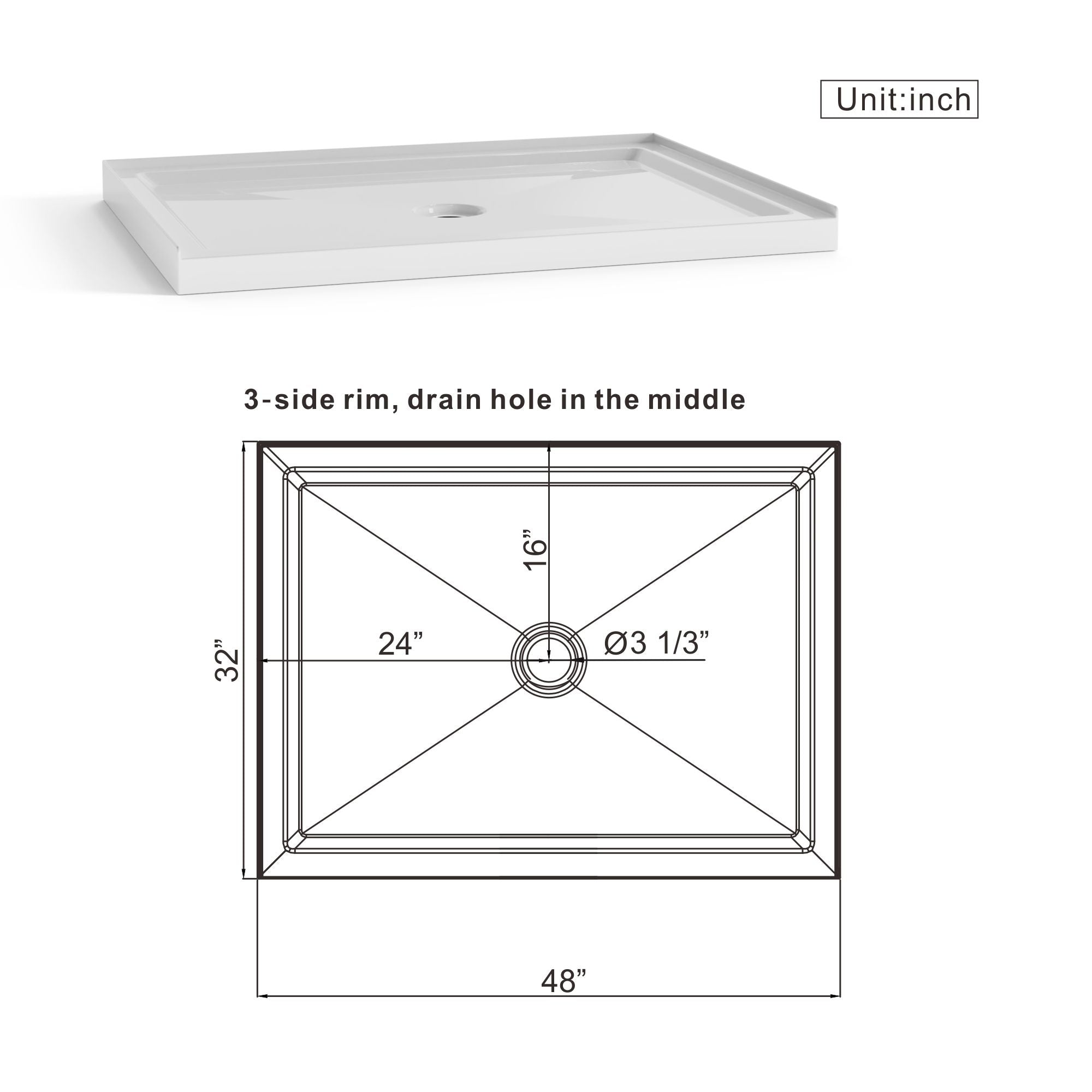 Shower Base Anti Slip Center Drain Single Threshold 32&quot; X 48&quot; - White
