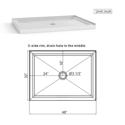 Shower Base Anti Slip Center Drain Single Threshold 32&quot; X 48&quot; - White