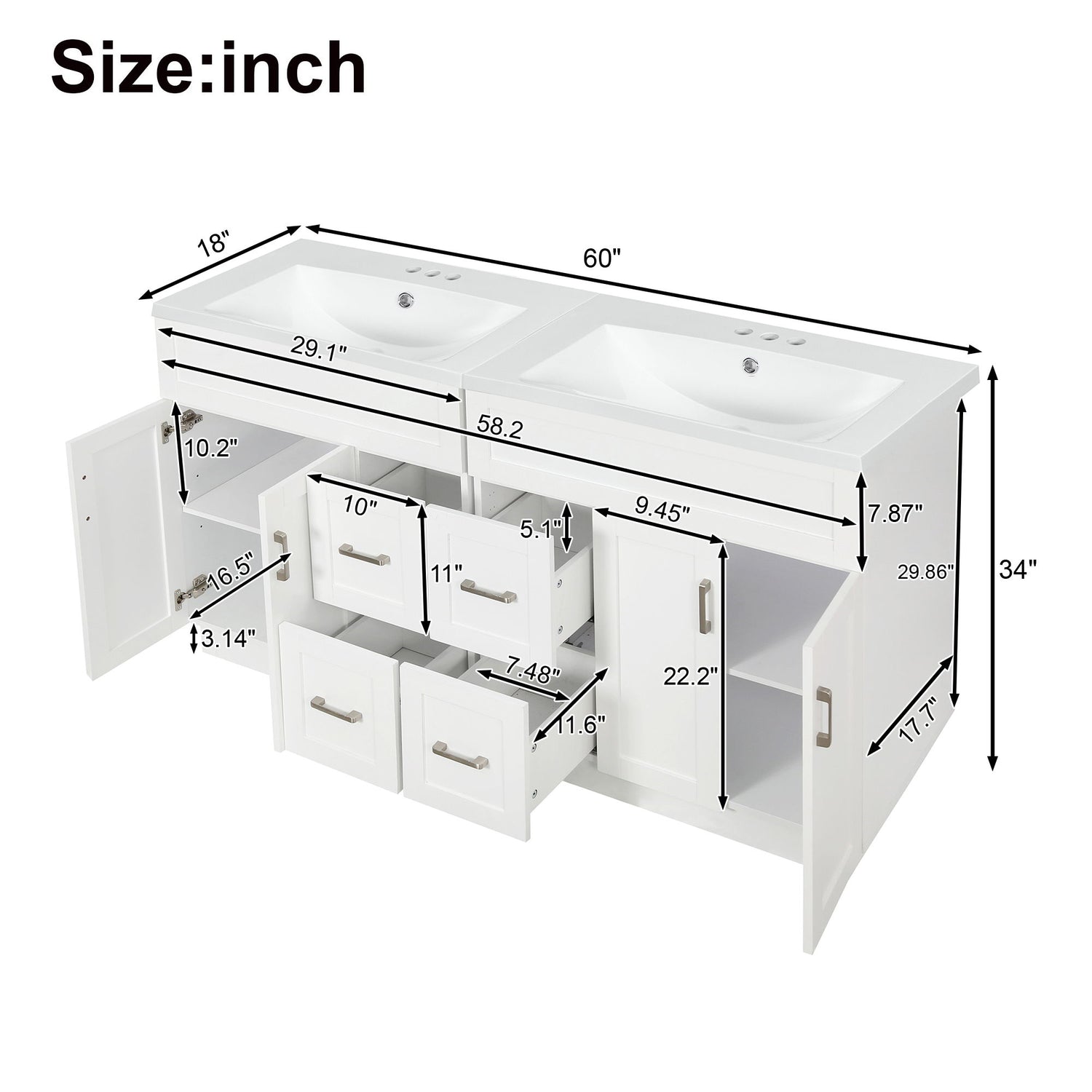 Bathroom Vanity With 2 Doors, 2 Drawers, Adjustable Shelf, Hidden Slides &amp; Soft Close Hinges