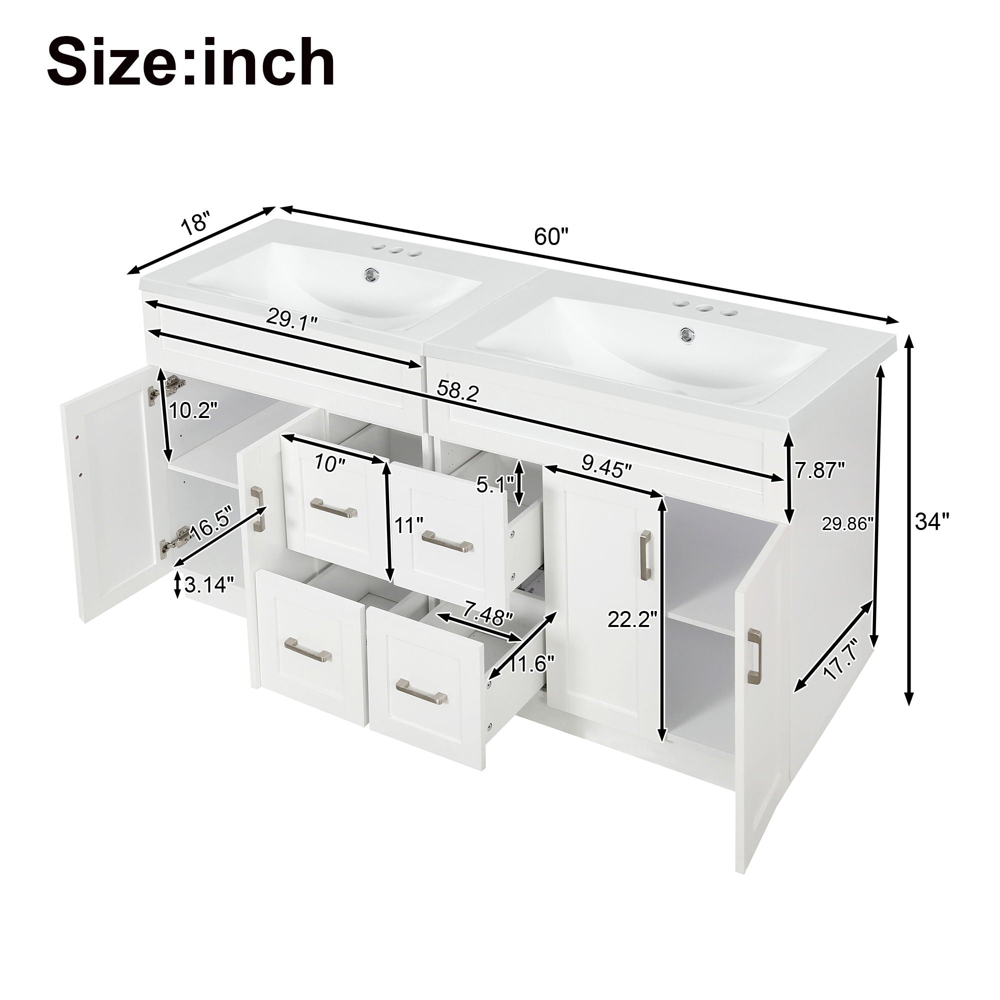 Bathroom Vanity With 2 Doors, 2 Drawers, Adjustable Shelf, Hidden Slides &amp; Soft Close Hinges