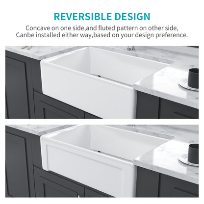 Sink 30&quot; Apron Front Reversible Single Bowl Kitchen Sink With Grid, Strainer - White