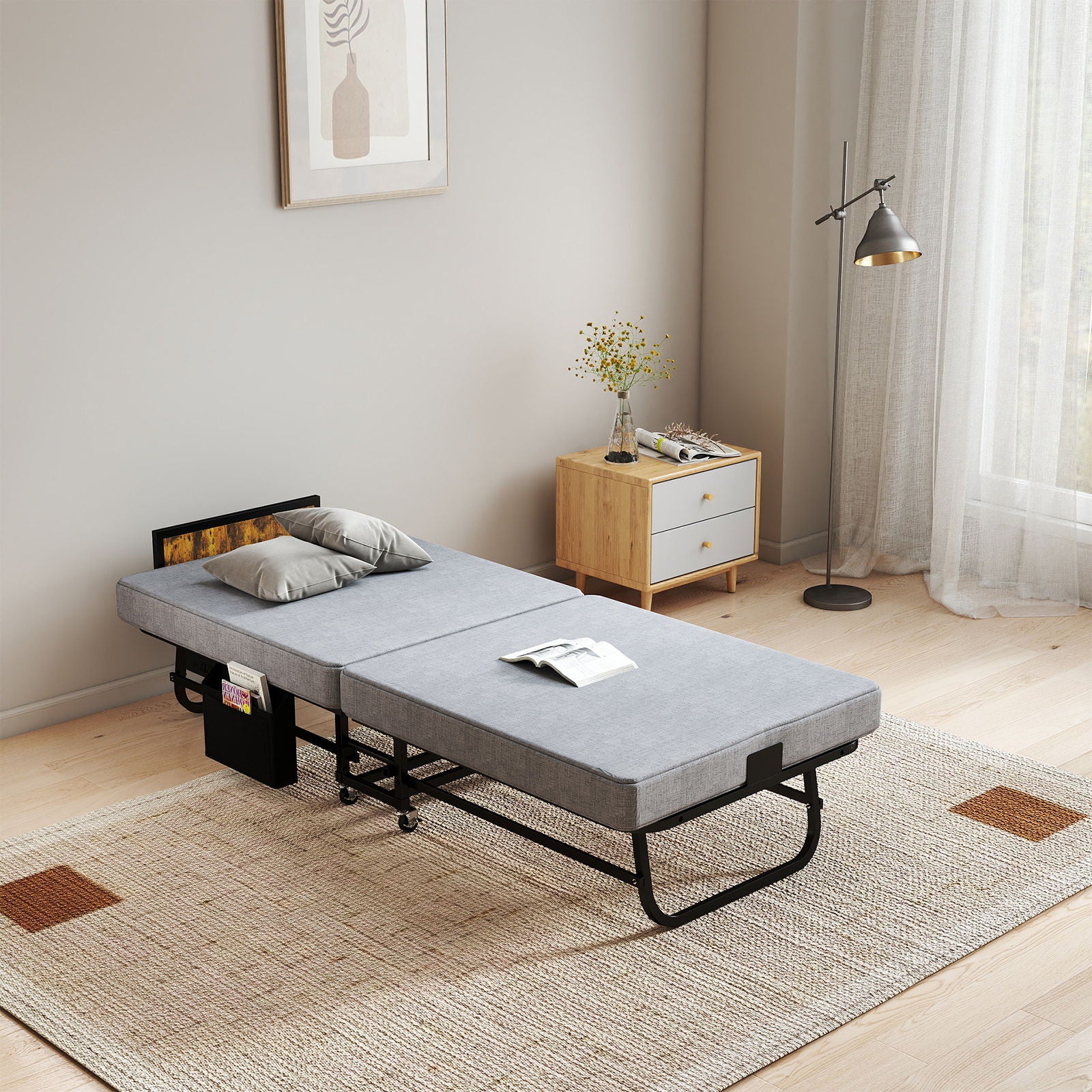 Twin Folding Bed With Headboard &amp; USB Charging Station - Gray