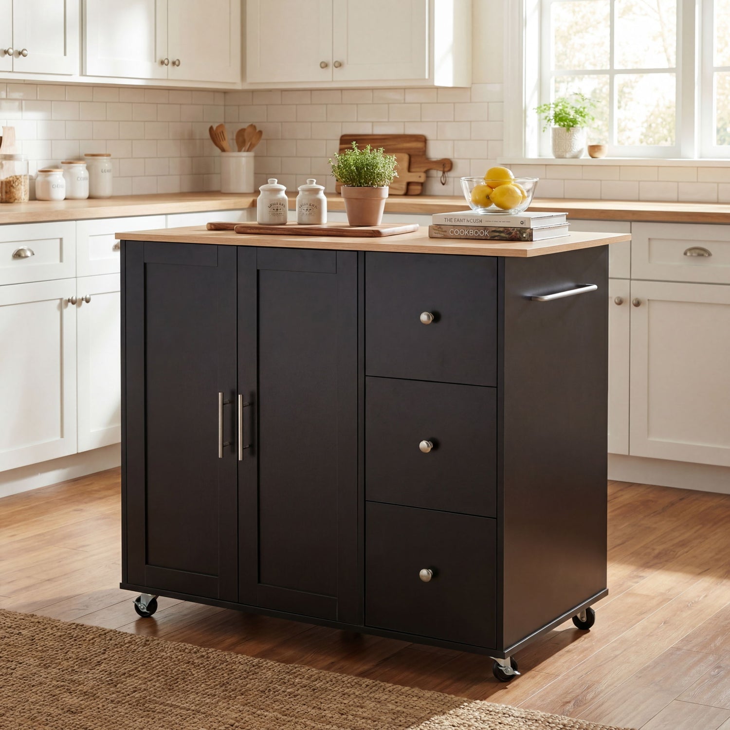 Mobile Kitchen Cart With Storage With 2 Doors, 3 Drawers &amp; Adjustable Shelf - Black / Natural