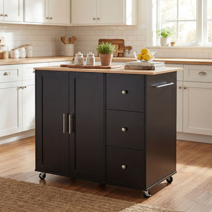 Mobile Kitchen Cart With Storage With 2 Doors, 3 Drawers &amp; Adjustable Shelf - Black / Natural
