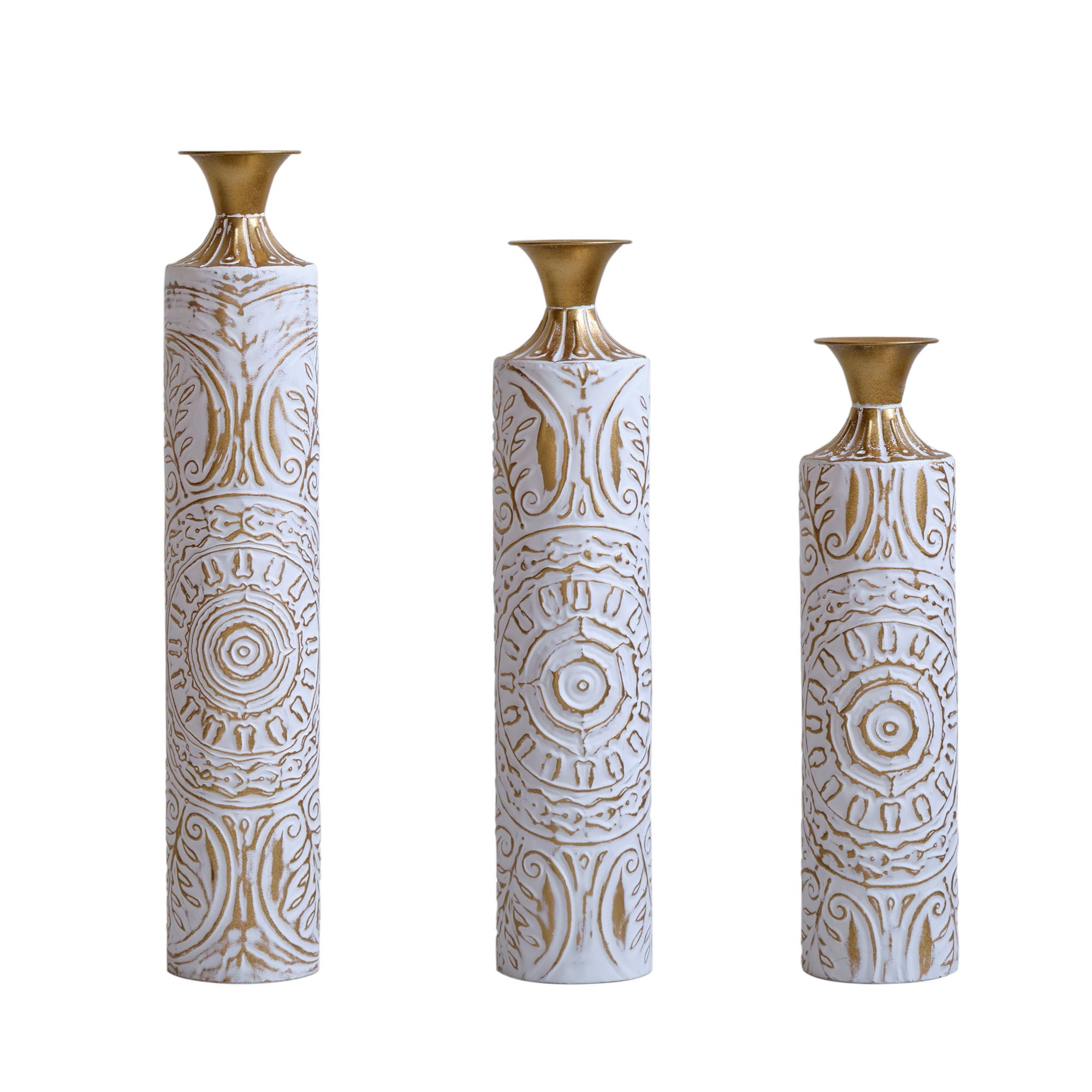 Floor Metal Vases Decorated Metal Vases (Set of 3) Gorgeous Home Decoration Large Glazed Metal Vases - White / Gold
