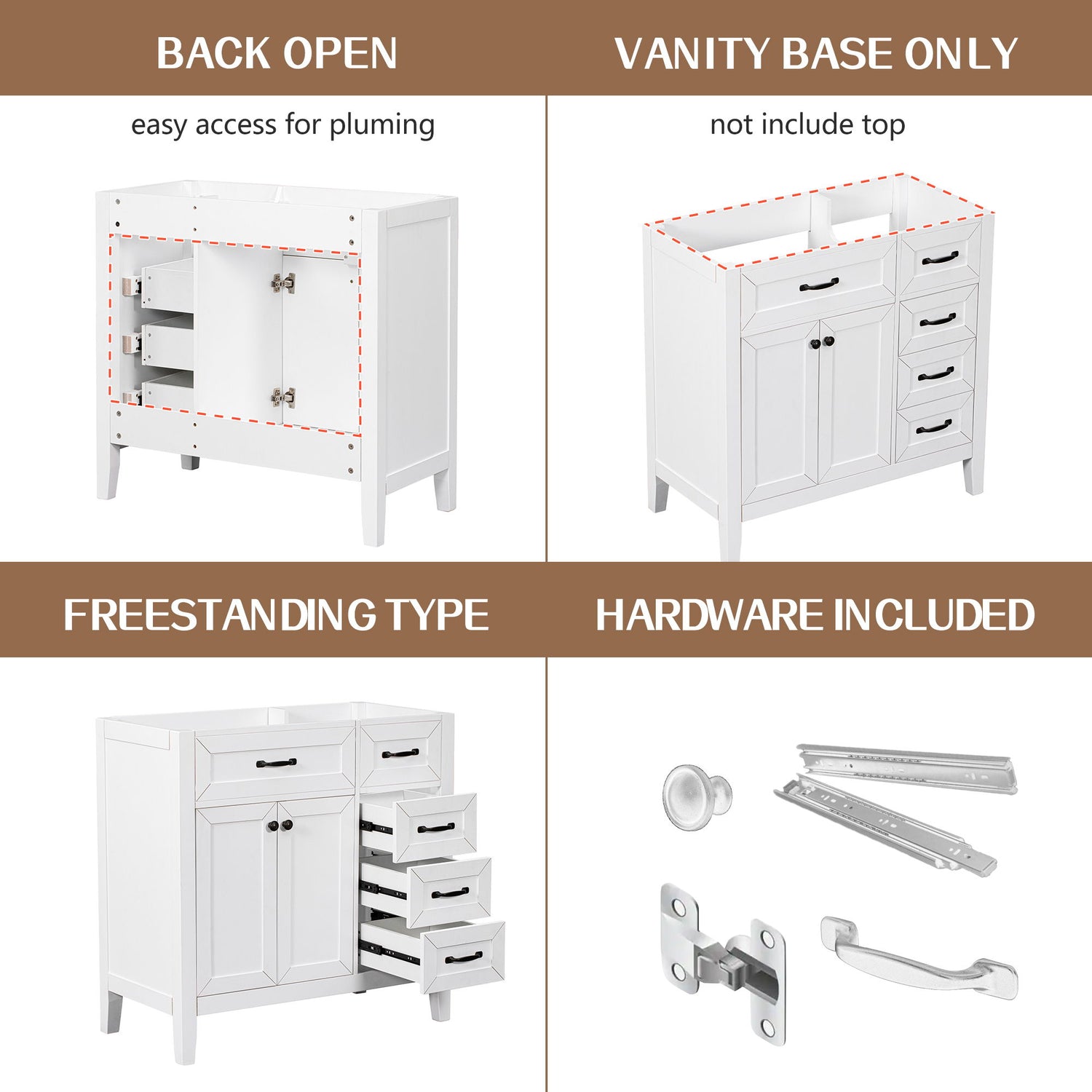 Modern Bathroom Vanity Base Only, 2 Doors And 3 Drawers