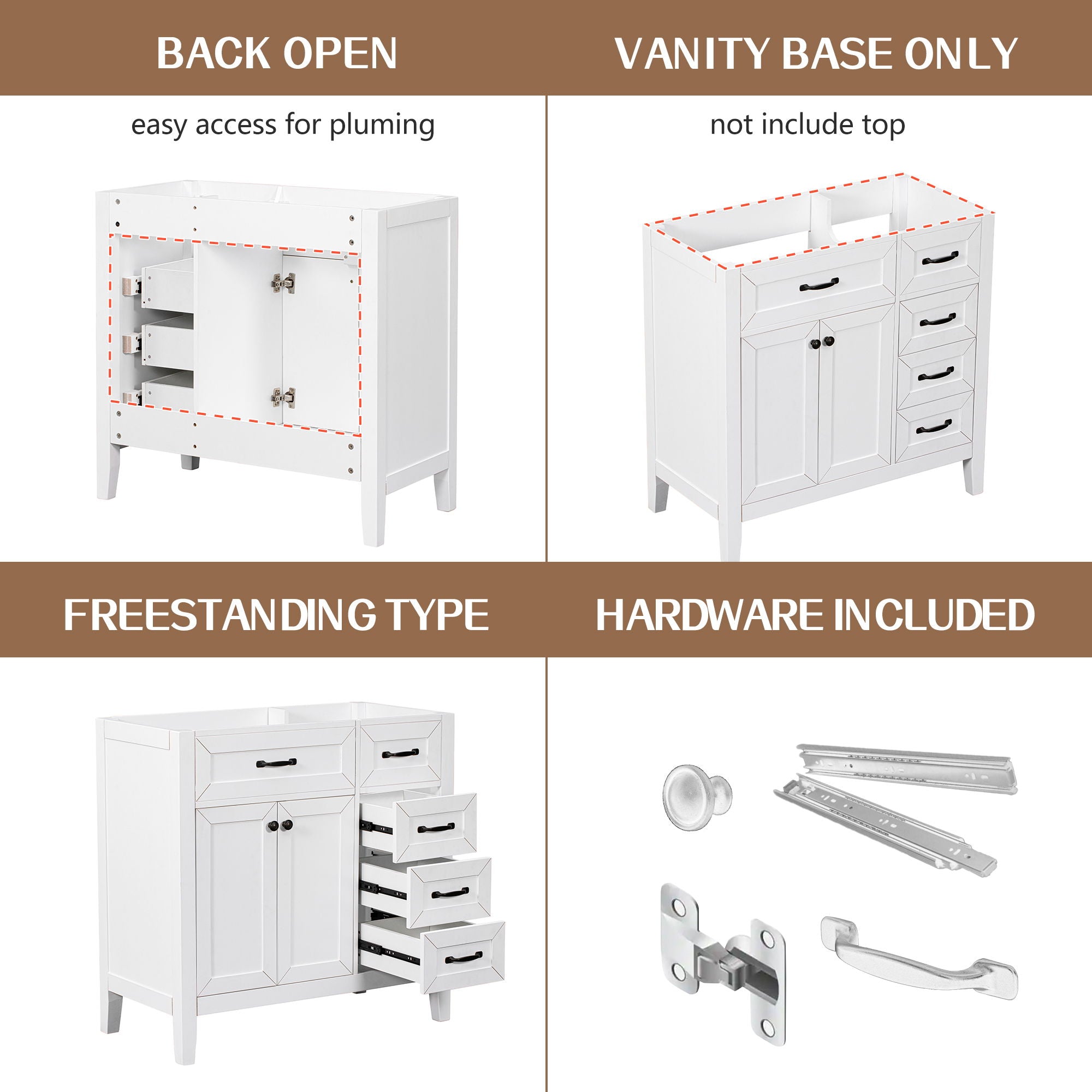 Modern Bathroom Vanity Base Only, 2 Doors And 3 Drawers