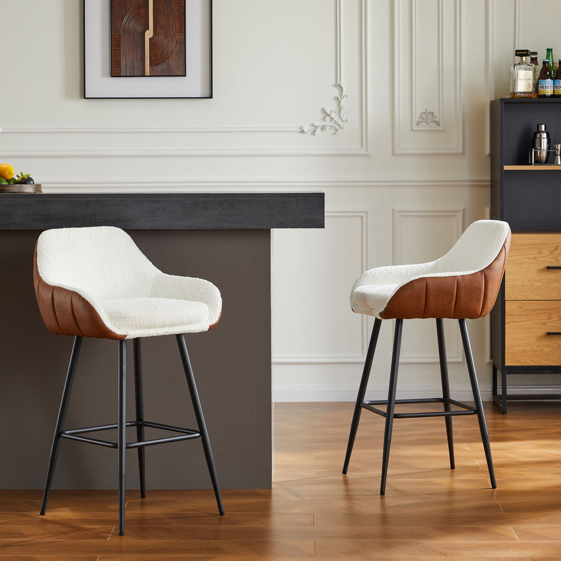 Modern Counter Height Bar Stools (Set of 2), Mid-Century Leather Upholstered Accent Arm Bar Stools, Leisure Side Chair With Metal Legs For Kitchen &amp; Dining Room - Dark Brown / White