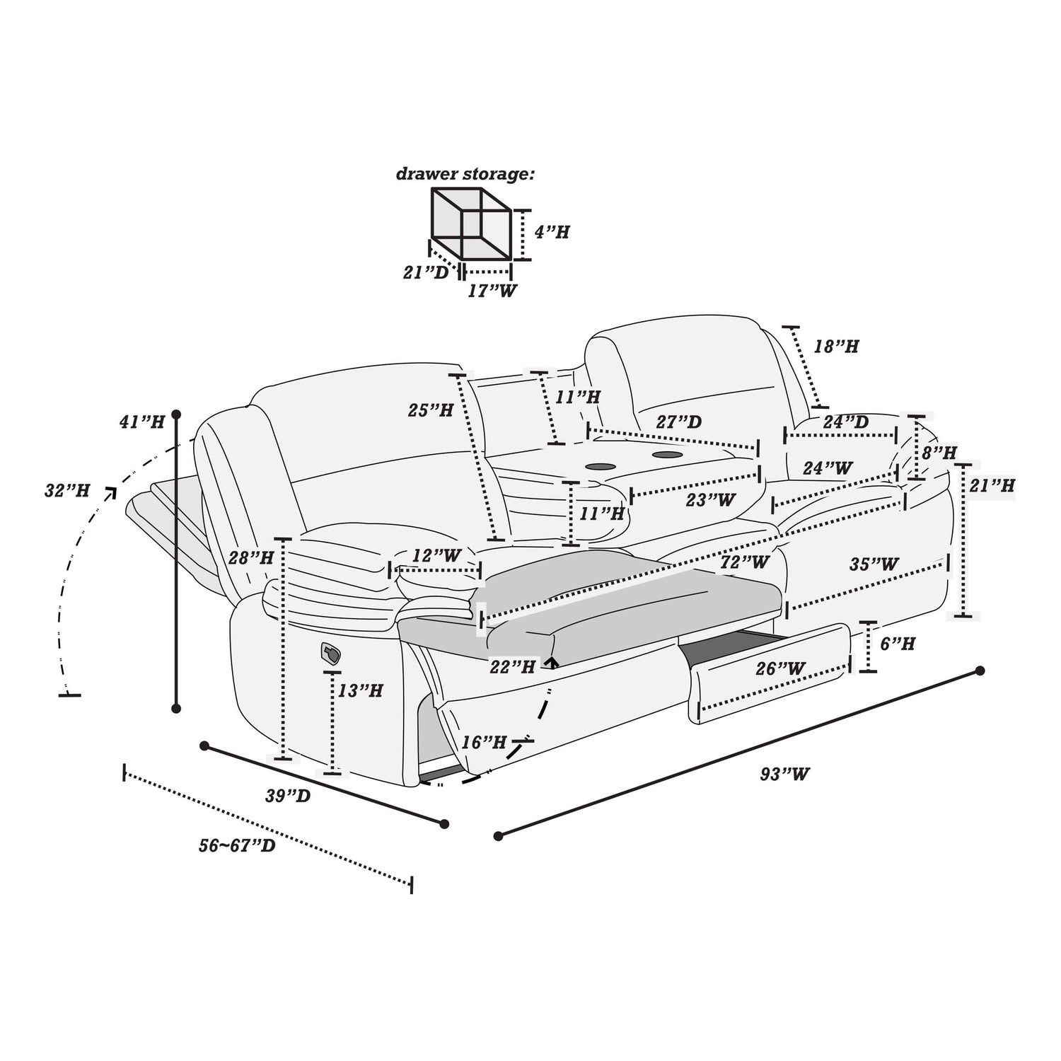 Motion Recliner Sofa With Fold-Down Table, Manual Recline, Charging Station &amp; Cup Holders