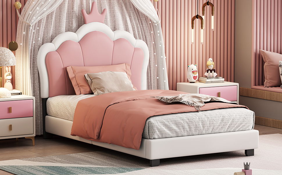 Twin Size Upholstered Princess Bed &amp; Crown Headboard, Platform Bed With Headboard And Footboard - White / Pink