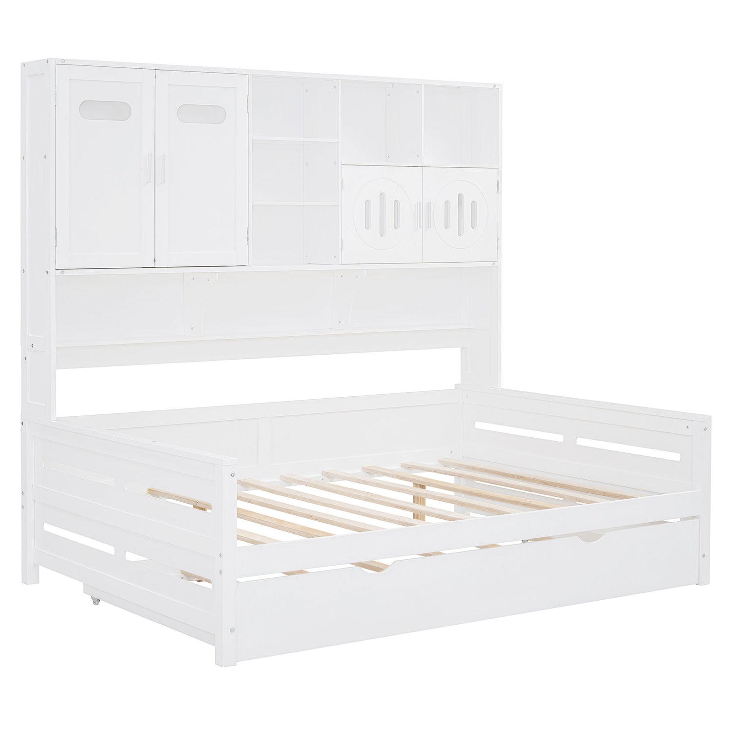 Full Size Wooden Daybed With Twin Size Trundle, And All In One Cabinet And Shelf - White