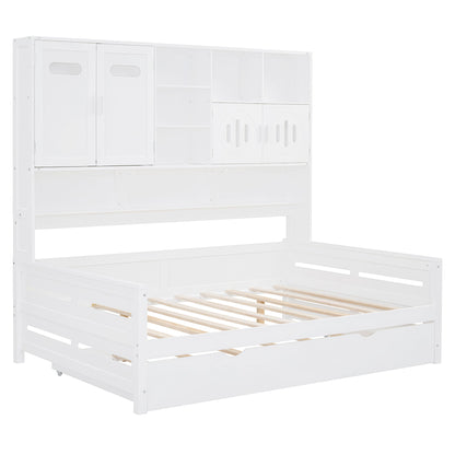 Full Size Wooden Daybed With Twin Size Trundle, And All In One Cabinet And Shelf - White