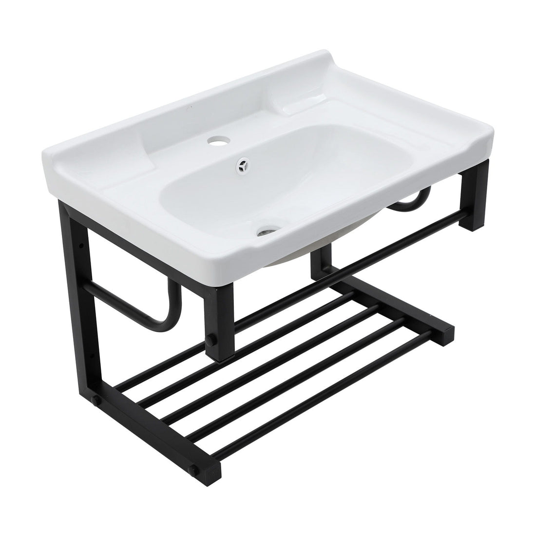 Wall Mounted Rectangular Bathroom Sink With Towel Bar &amp; Overflow - White