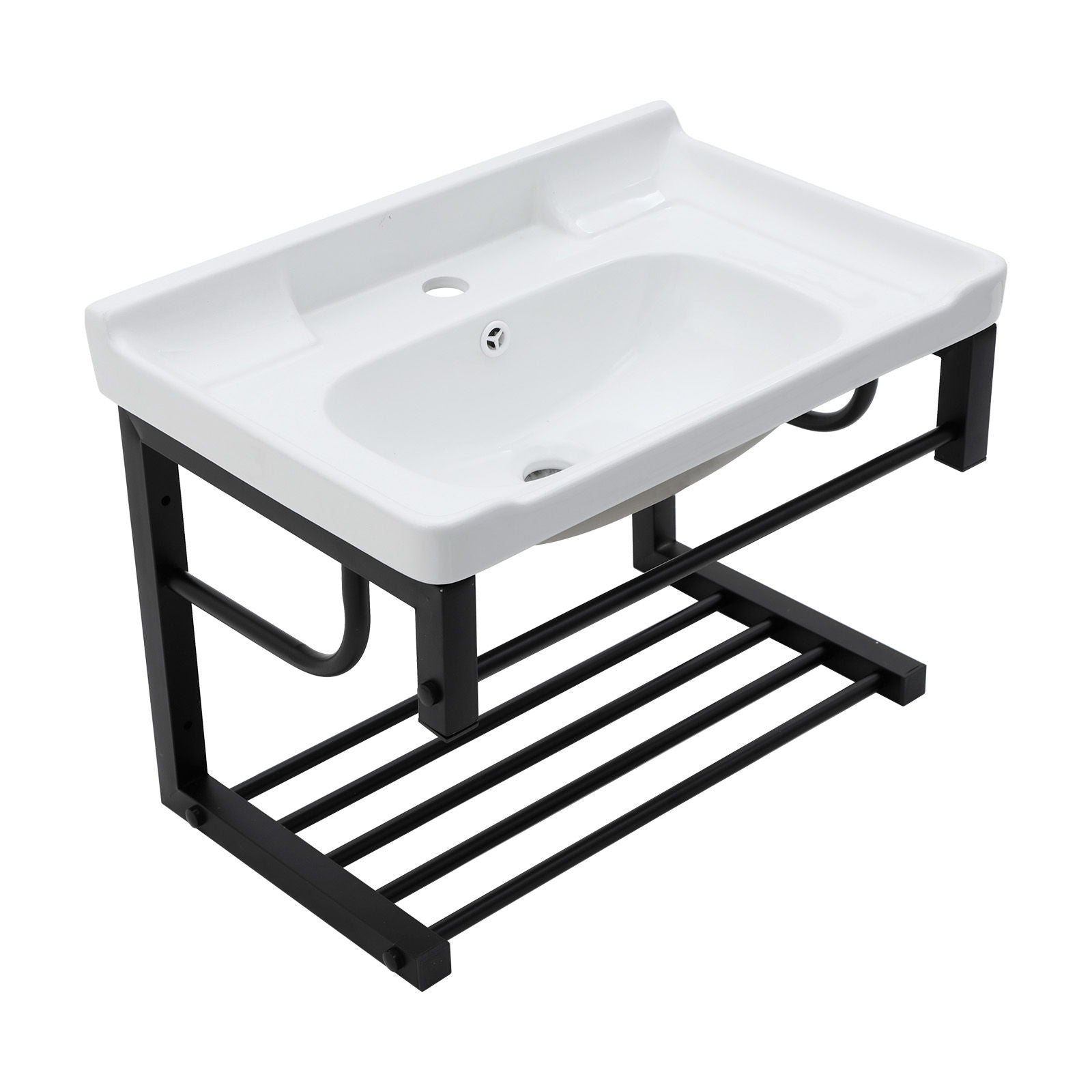 Wall Mounted Rectangular Bathroom Sink With Towel Bar &amp; Overflow - White