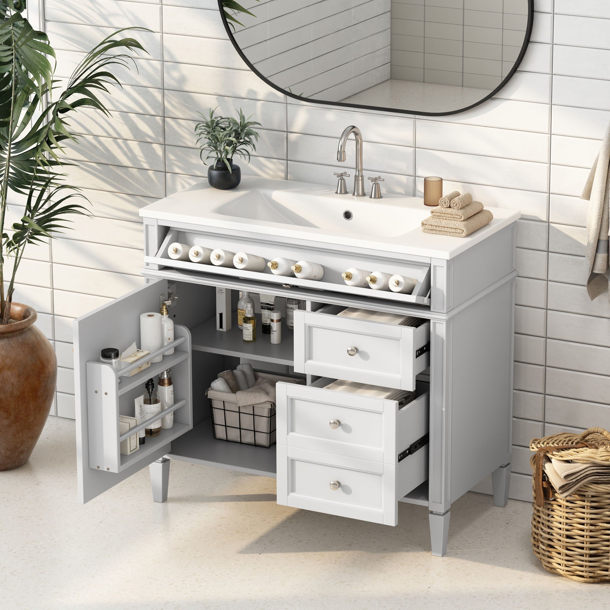 Bathroom Vanity &amp; Top Sink, Modern Bathroom Storage Cabinet With 2 Drawers And A Tip-Out Drawer