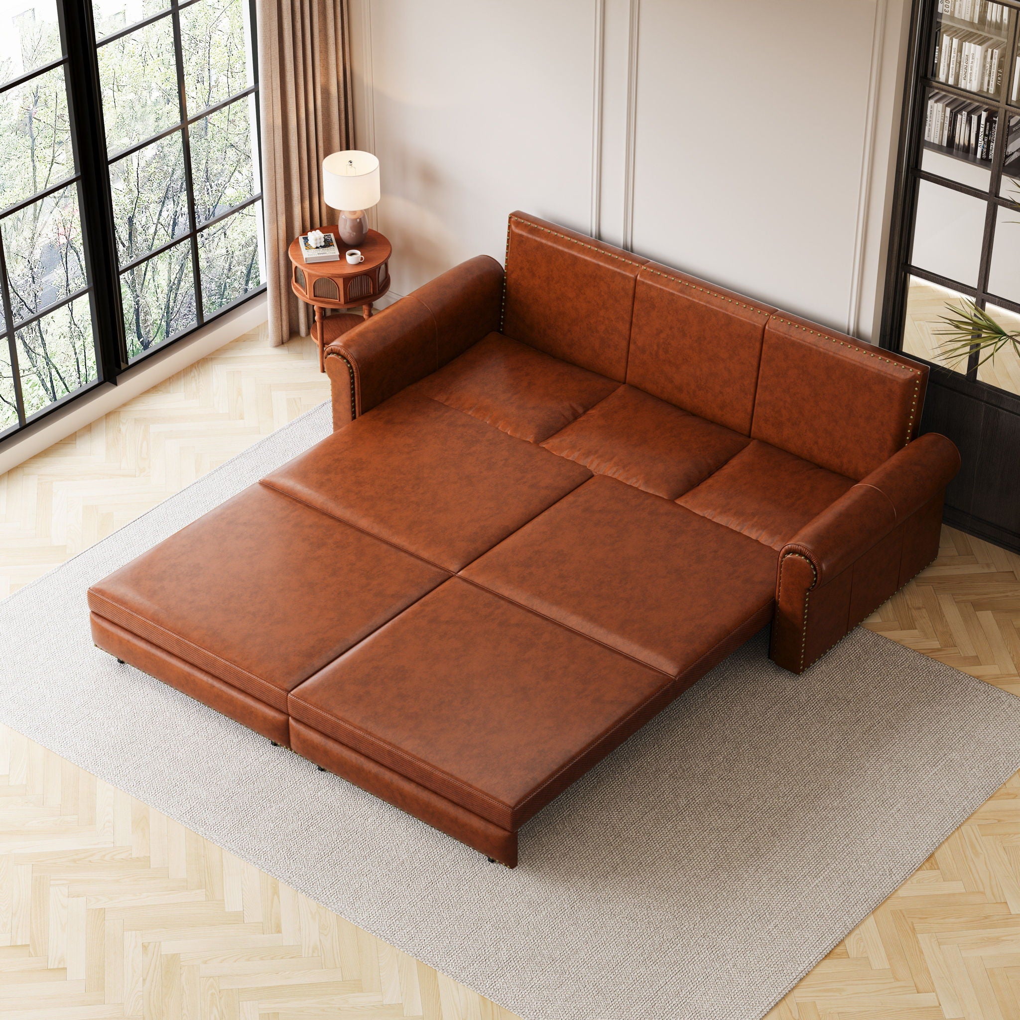 3 In 1 Convertible Sleeper Sofa With Nailhead Trim &amp; Rolled Arm