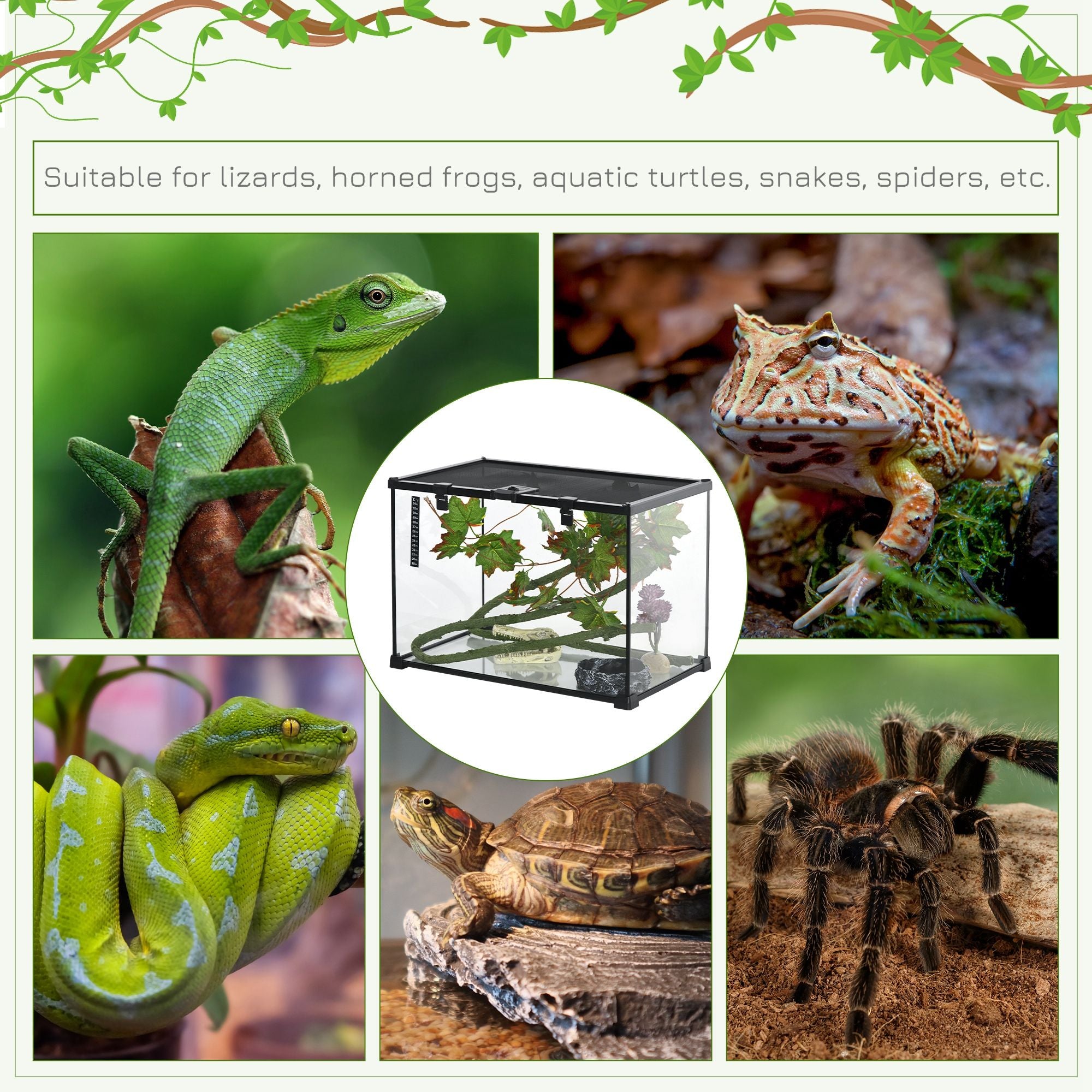 Pawhut - 14 Gallon Reptile Glass Terrarium Tank With Decor Kit Breeding Box Full View With Visually Appealing Sliding Screen Top For Lizards Frogs Snakes Spiders - Black