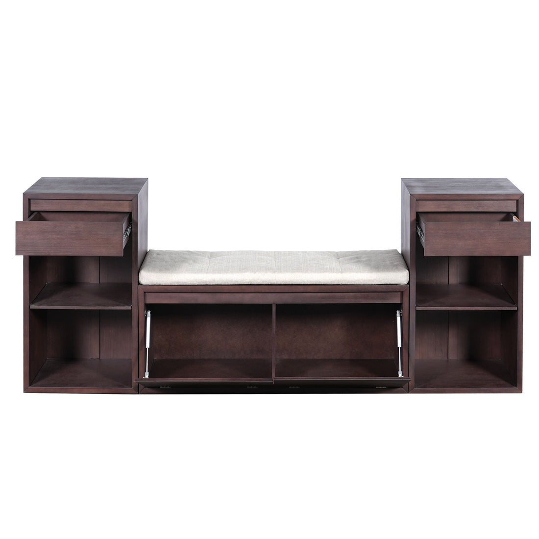 Entryway Storage Bench With Cushion, Drawers &amp; Open Shelves