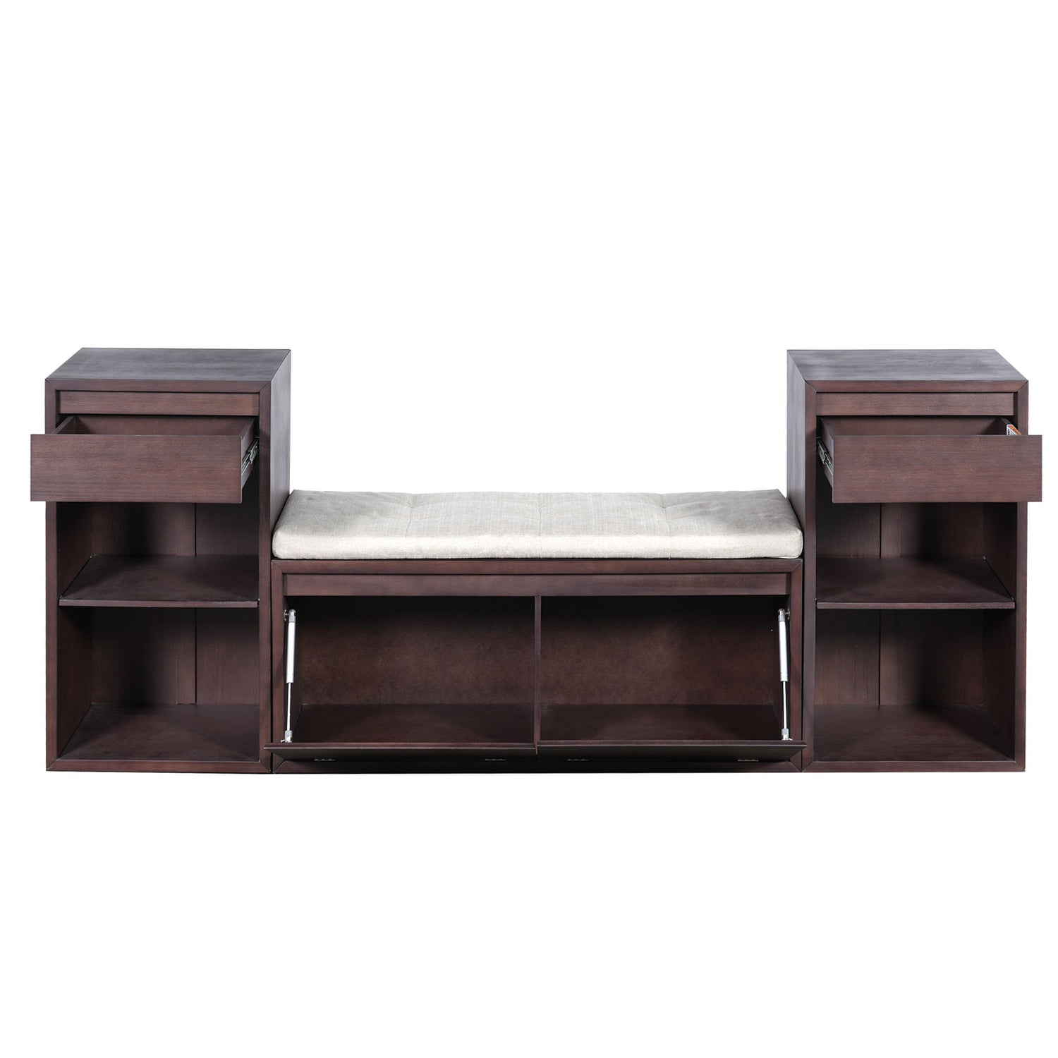 Entryway Storage Bench With Cushion, Drawers &amp; Open Shelves