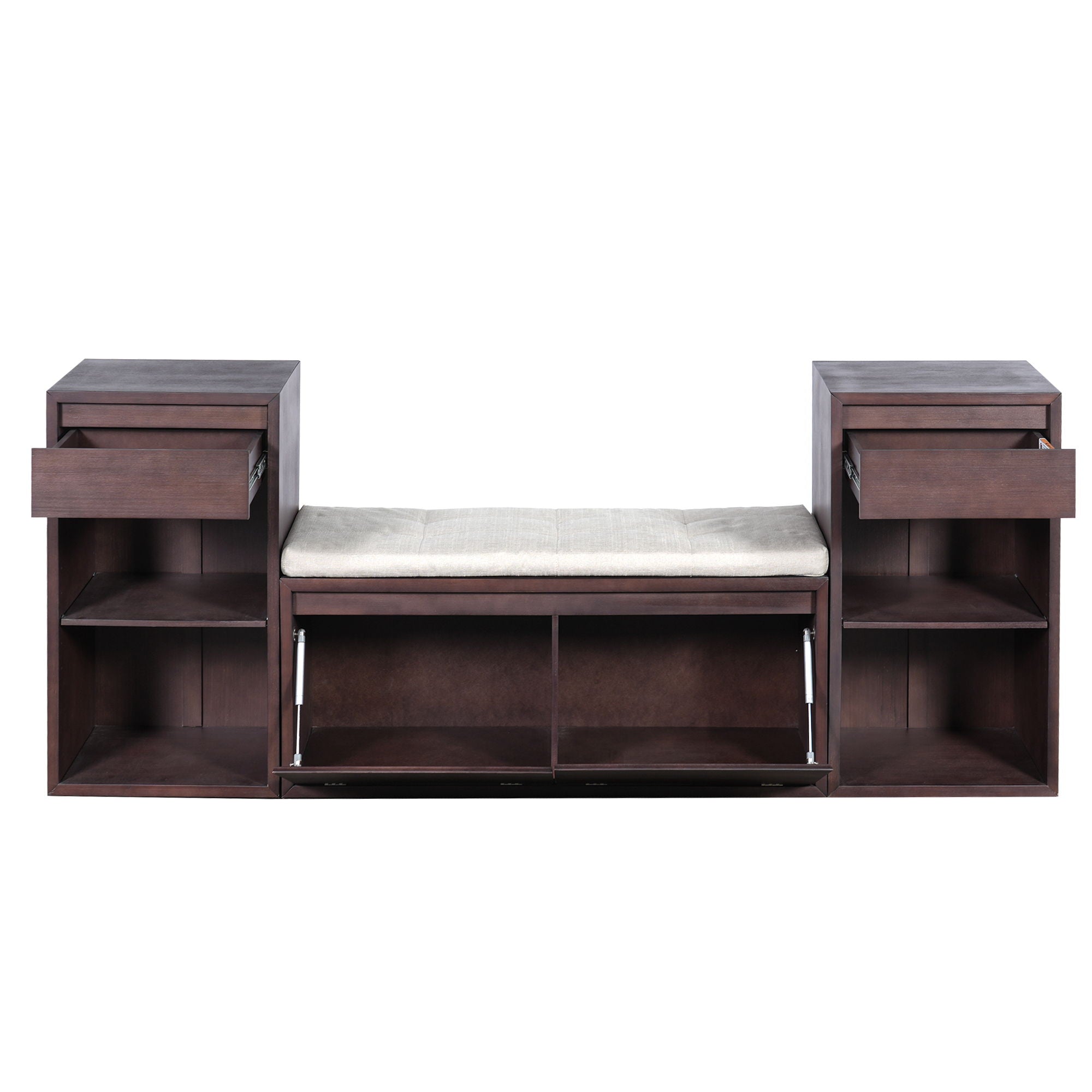 Entryway Storage Bench With Cushion, Drawers &amp; Open Shelves