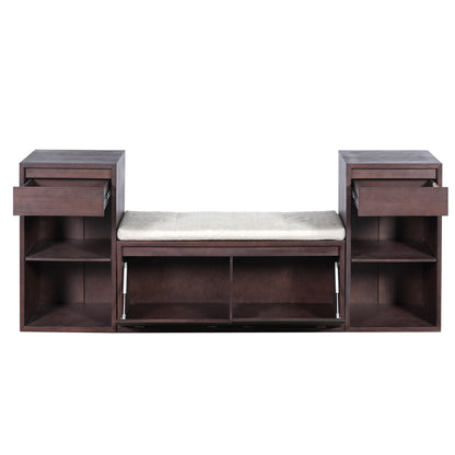 Entryway Storage Bench With Cushion, Drawers &amp; Open Shelves
