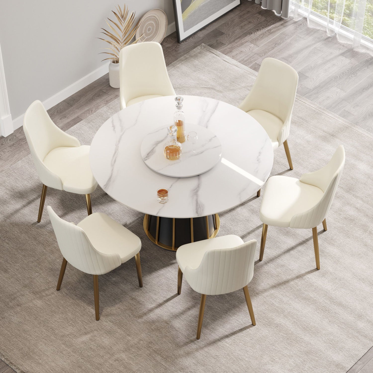 53.15&quot; Modern Artificial Stone Round Panel Metal Iron Base Dining Table, Can Accommodate 6 People-23.62&quot; Artificial Stone Turntable (Not Including Chairs) - White / Black