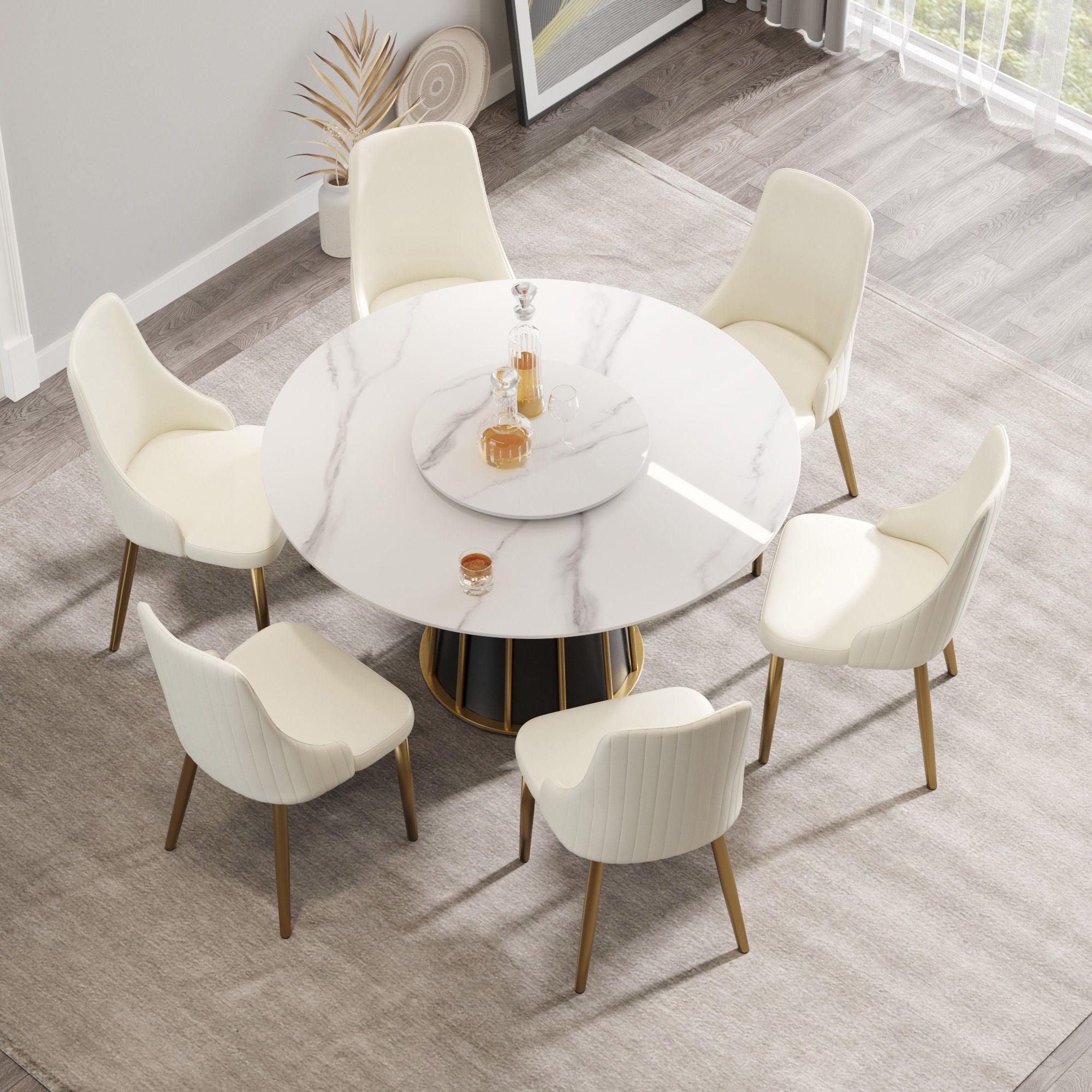 53.15&quot; Modern Artificial Stone Round Panel Metal Iron Base Dining Table, Can Accommodate 6 People-23.62&quot; Artificial Stone Turntable (Not Including Chairs) - White / Black