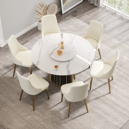 53.15&quot; Modern Artificial Stone Round Panel Metal Iron Base Dining Table, Can Accommodate 6 People-23.62&quot; Artificial Stone Turntable (Not Including Chairs) - White / Black