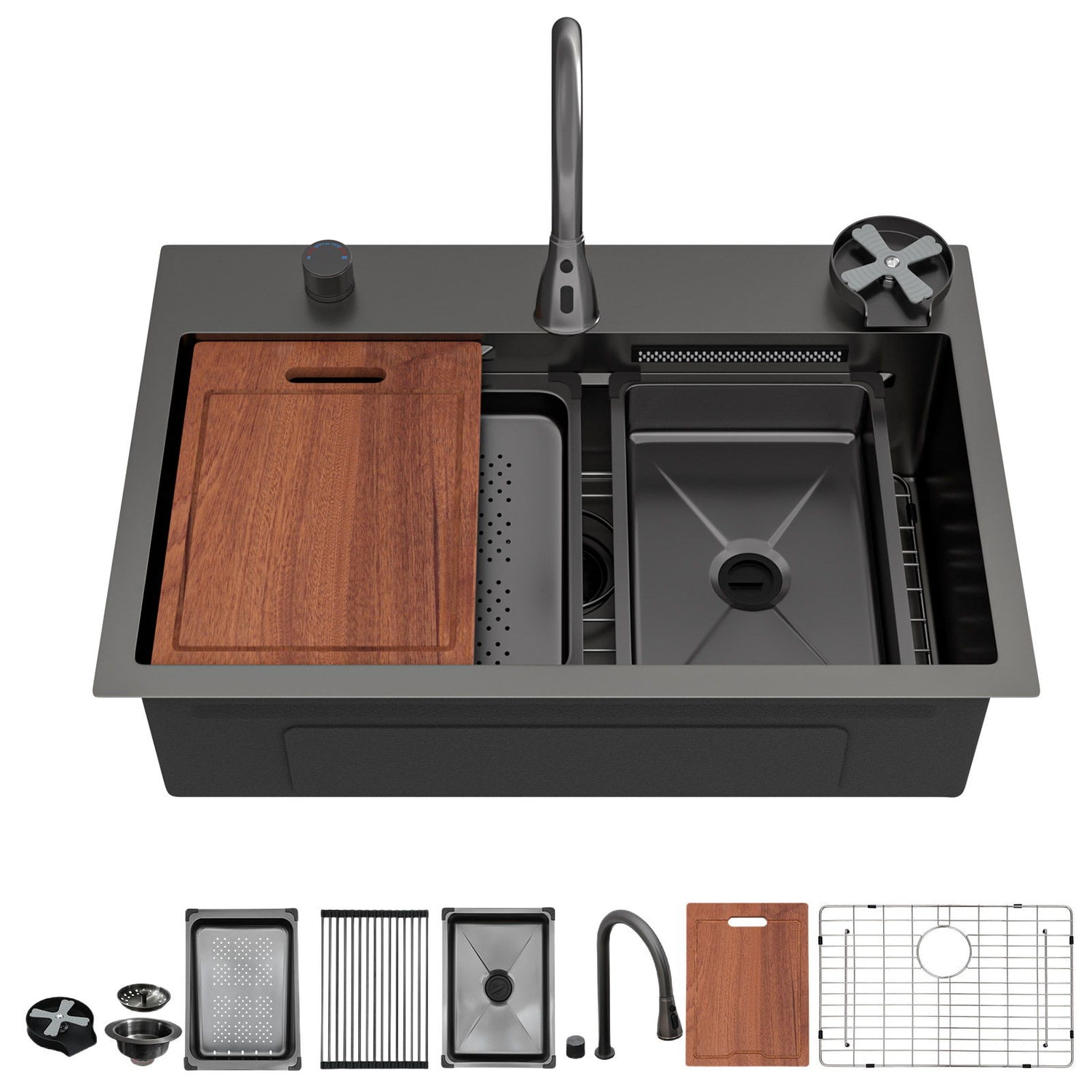 Drop In Waterfall Kitchen Sink With Pull Out Faucet &amp; Cup Washer