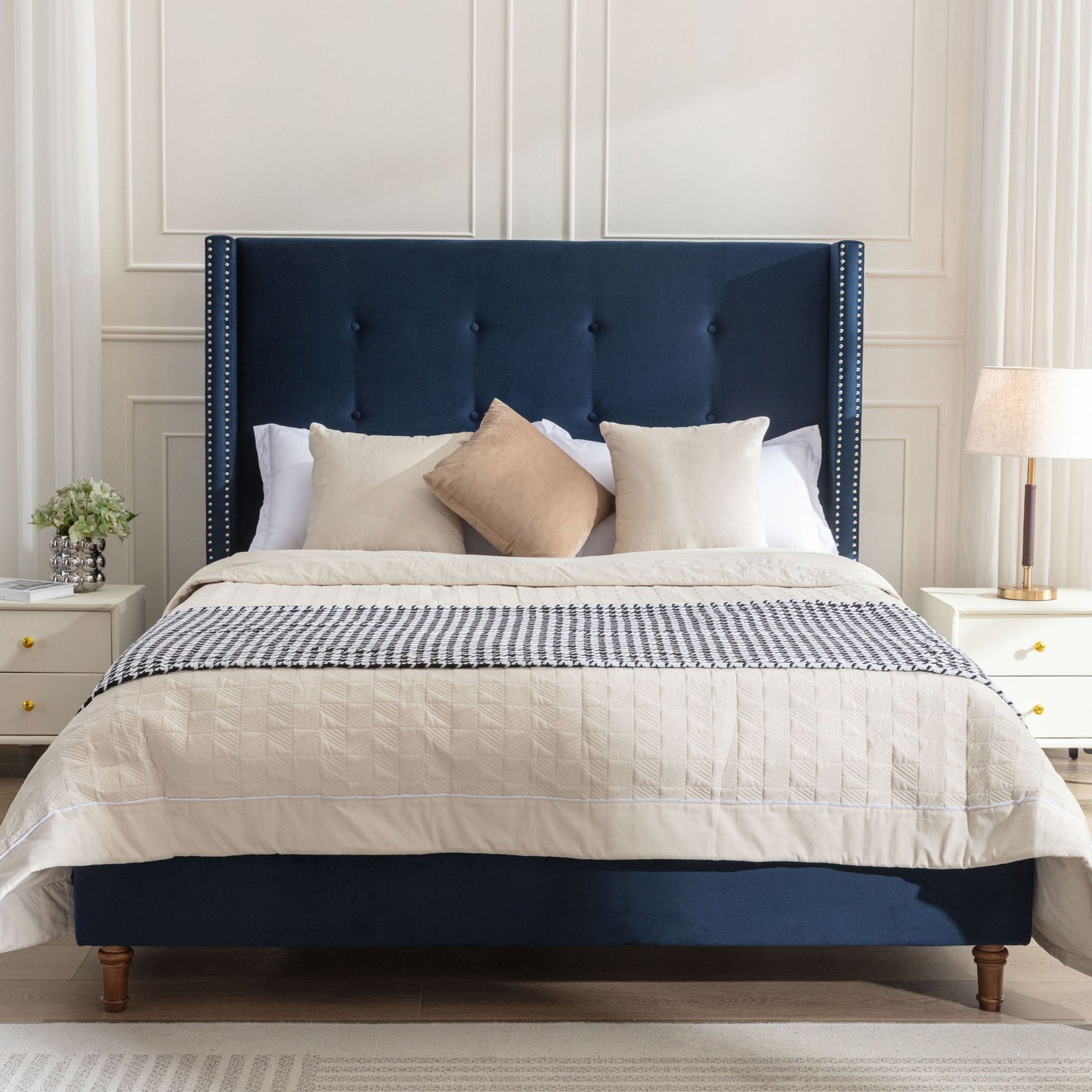 Peyton - Upholstered Bed With 54&quot; High Headboard, Traditional Hand Buttoned Tufting