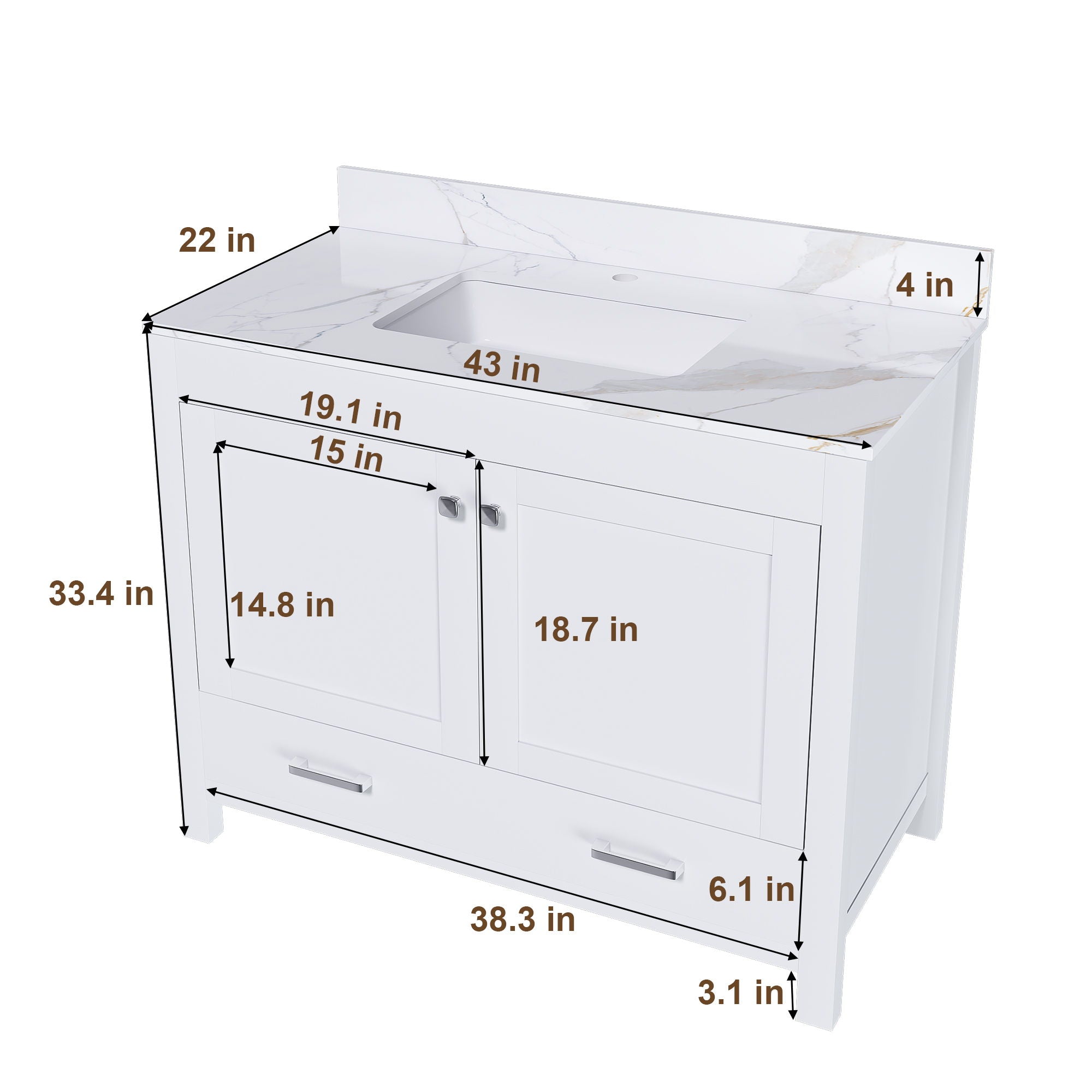 43&quot; Bathroom Vanity, Multi Functional Cabinet, Doors And Drawer - White
