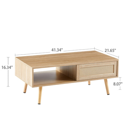 41.34&quot; Rattan Coffee Table, Sliding Door For Storage, Solid Wood Legs, Modern Table For Living Room