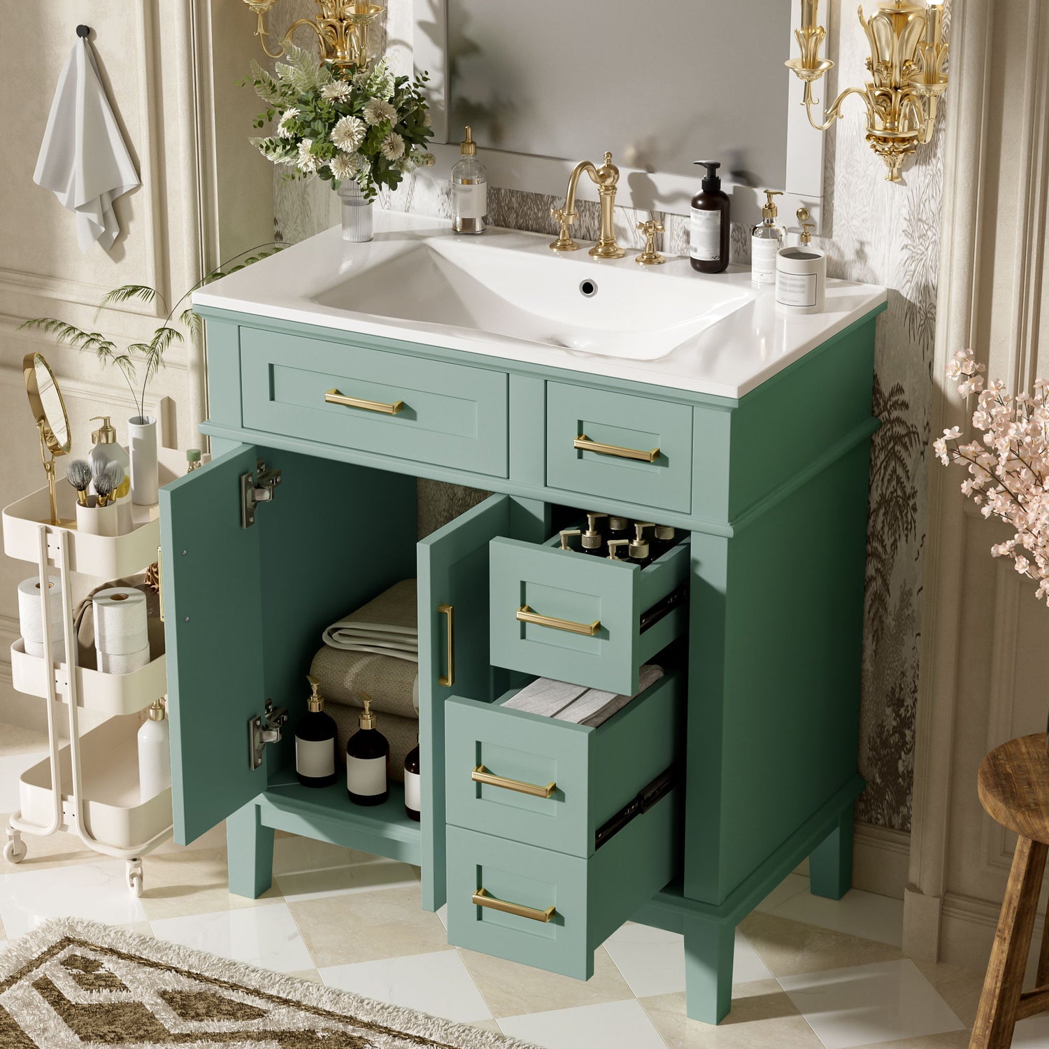 Modern Bathroom Vanity With Sink, Storage Cabinet, Soft Close Doors, Deep &amp; Standard Drawers